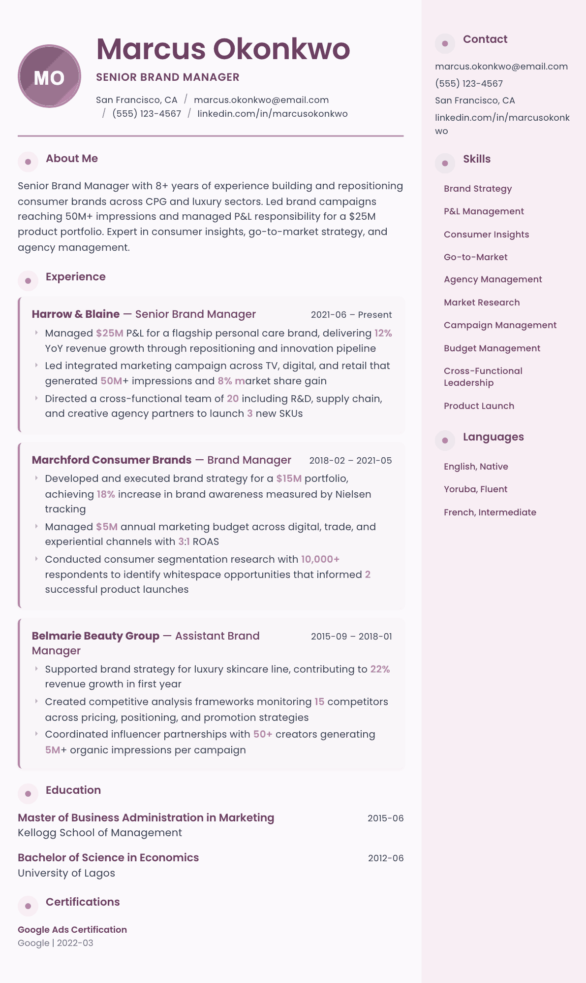 Brand Manager resume example, Bloom template