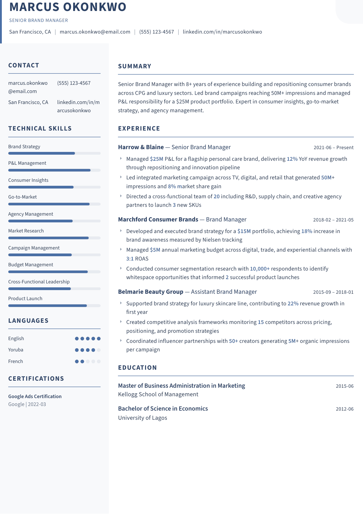 Brand Manager resume example, Summit template