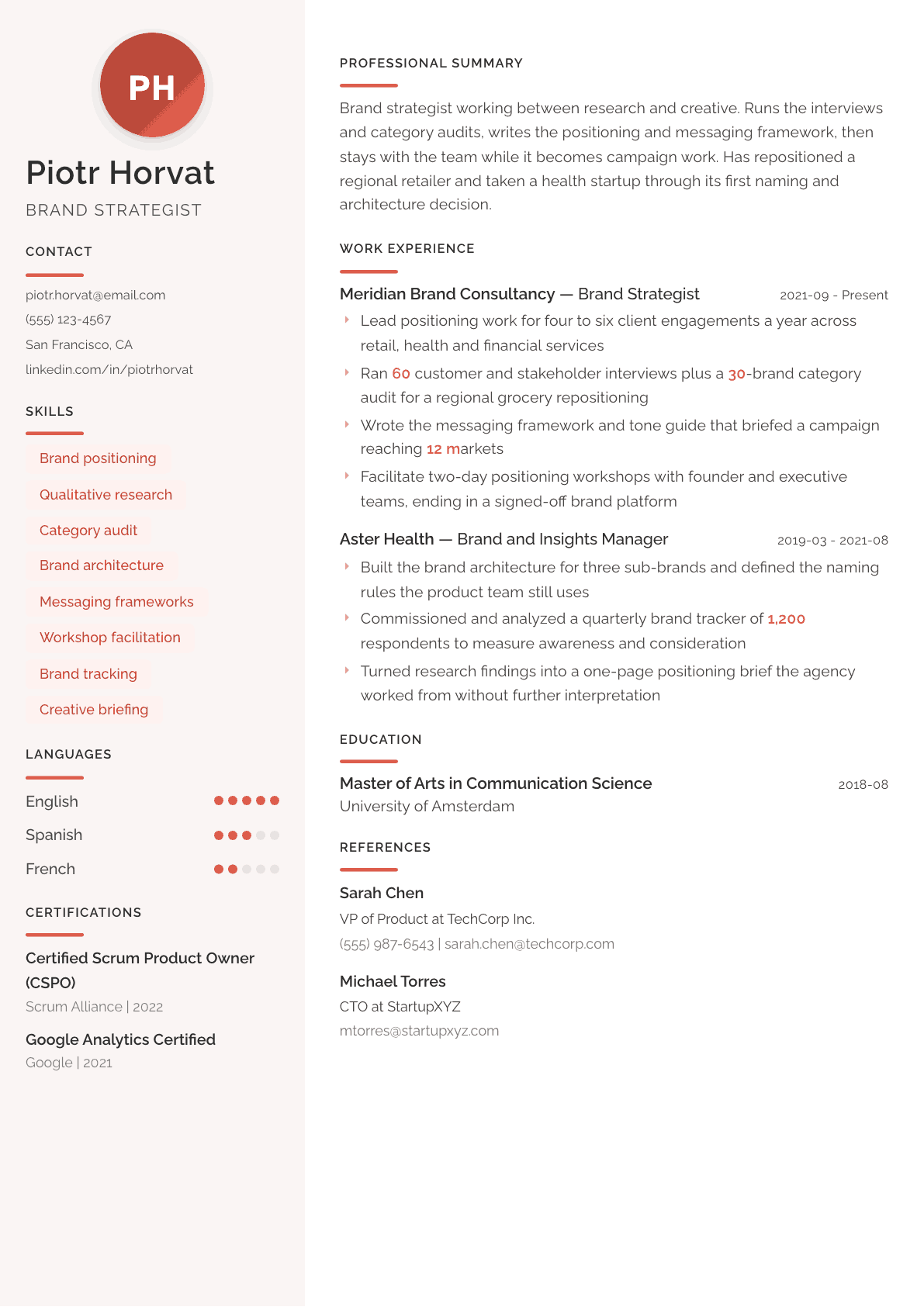 Brand Strategist resume example, Milano template