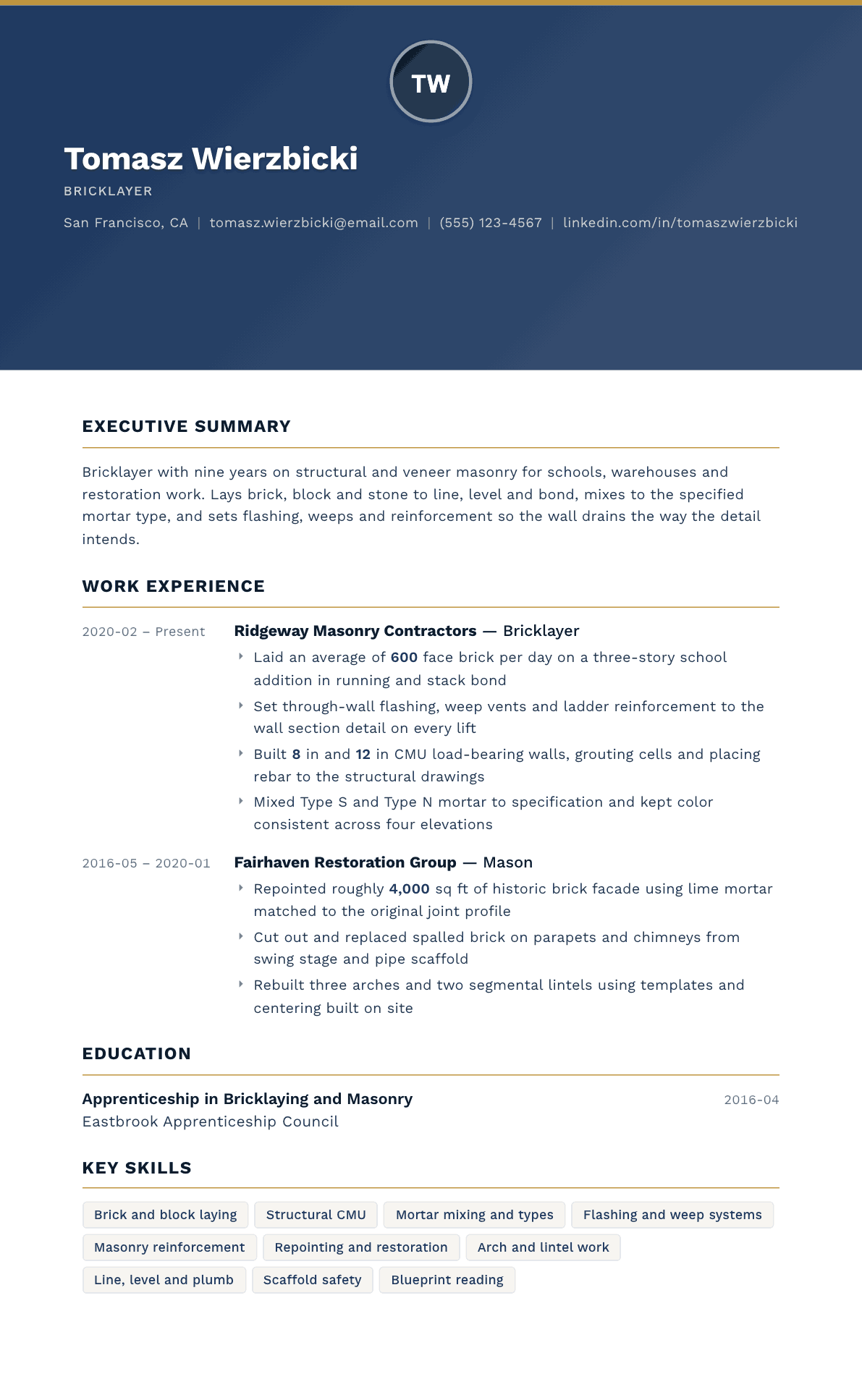 Bricklayer resume example, Sovereign template