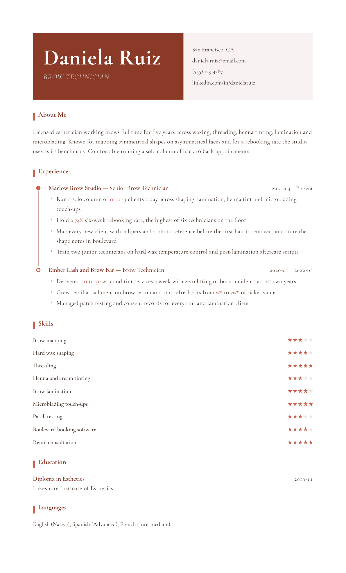 Brow Technician resume example, Artisan template