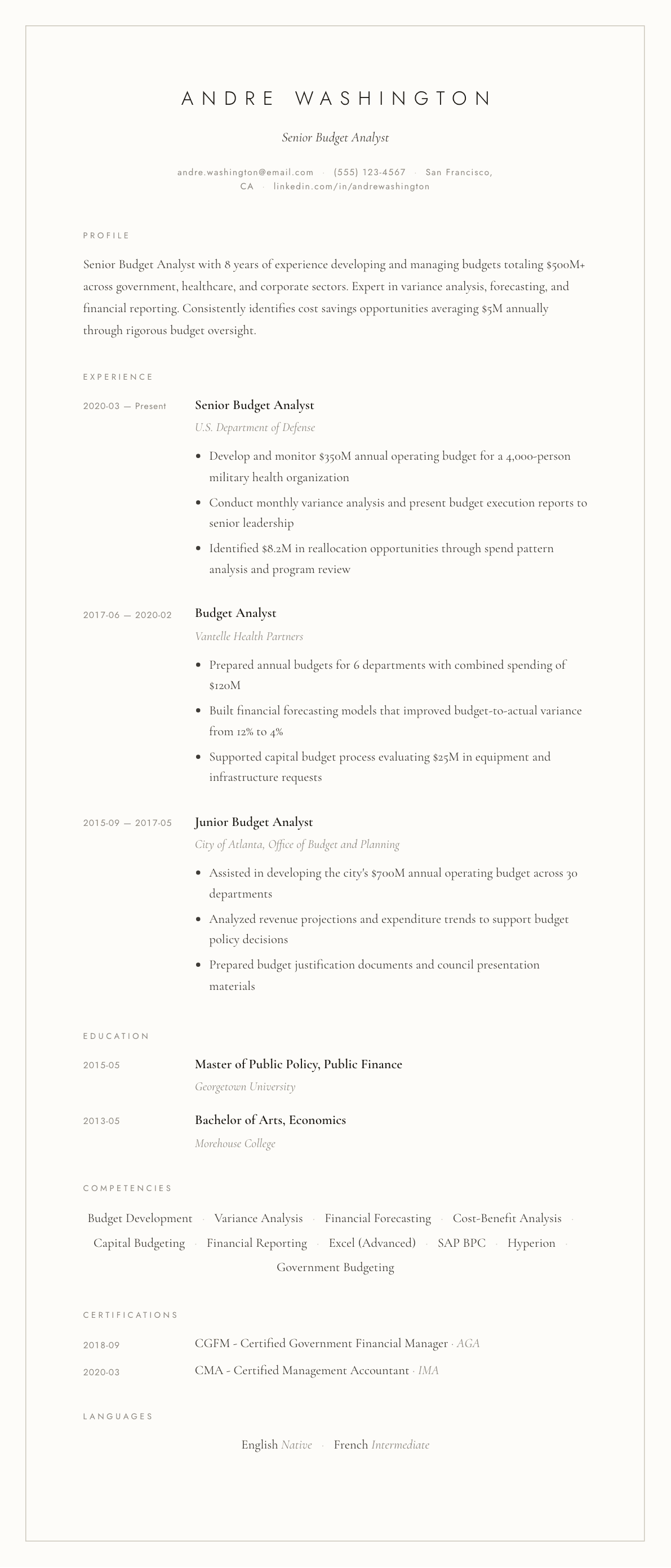 Budget Analyst resume example, Vellum template