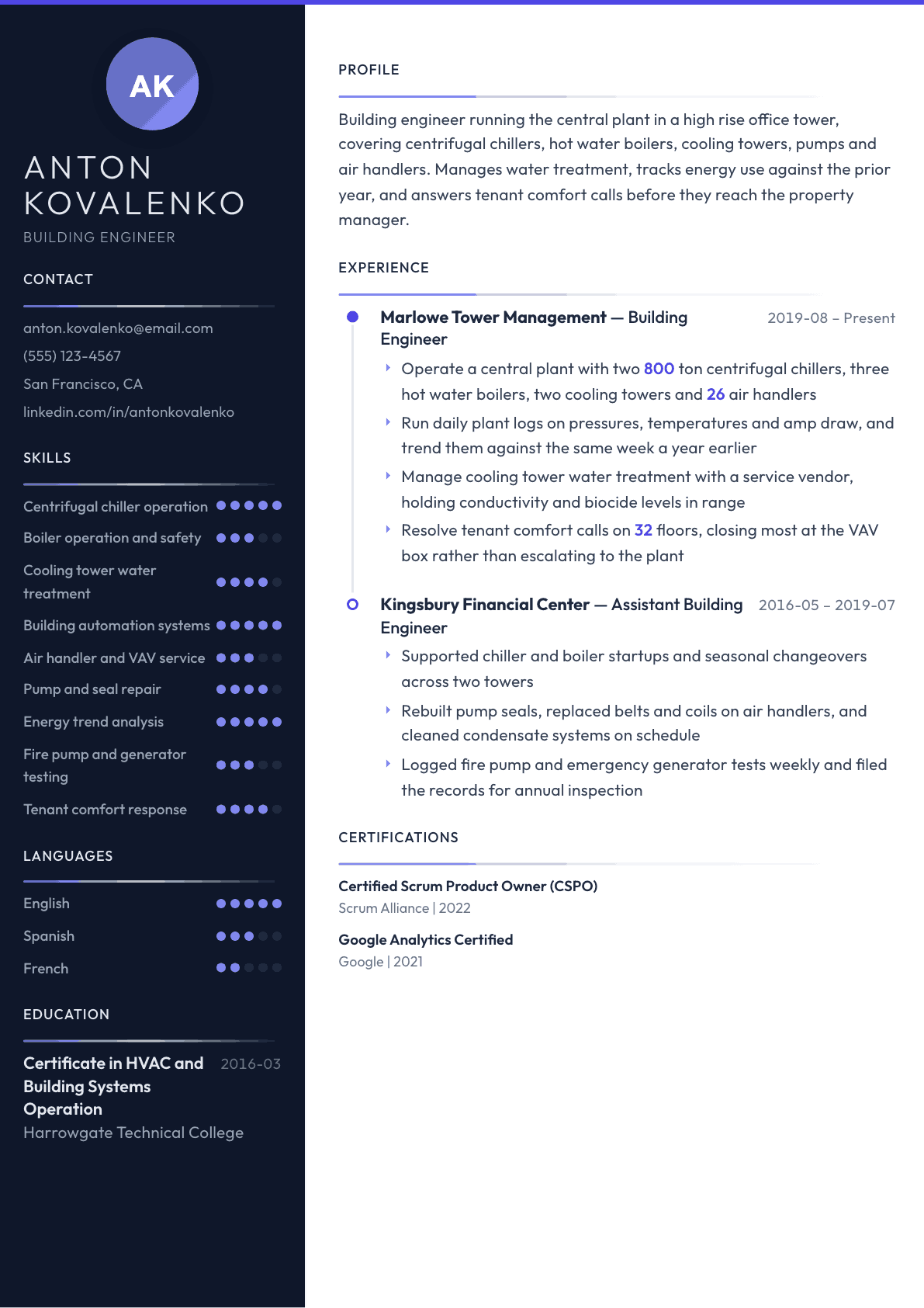 Building Engineer resume example, Zenith template
