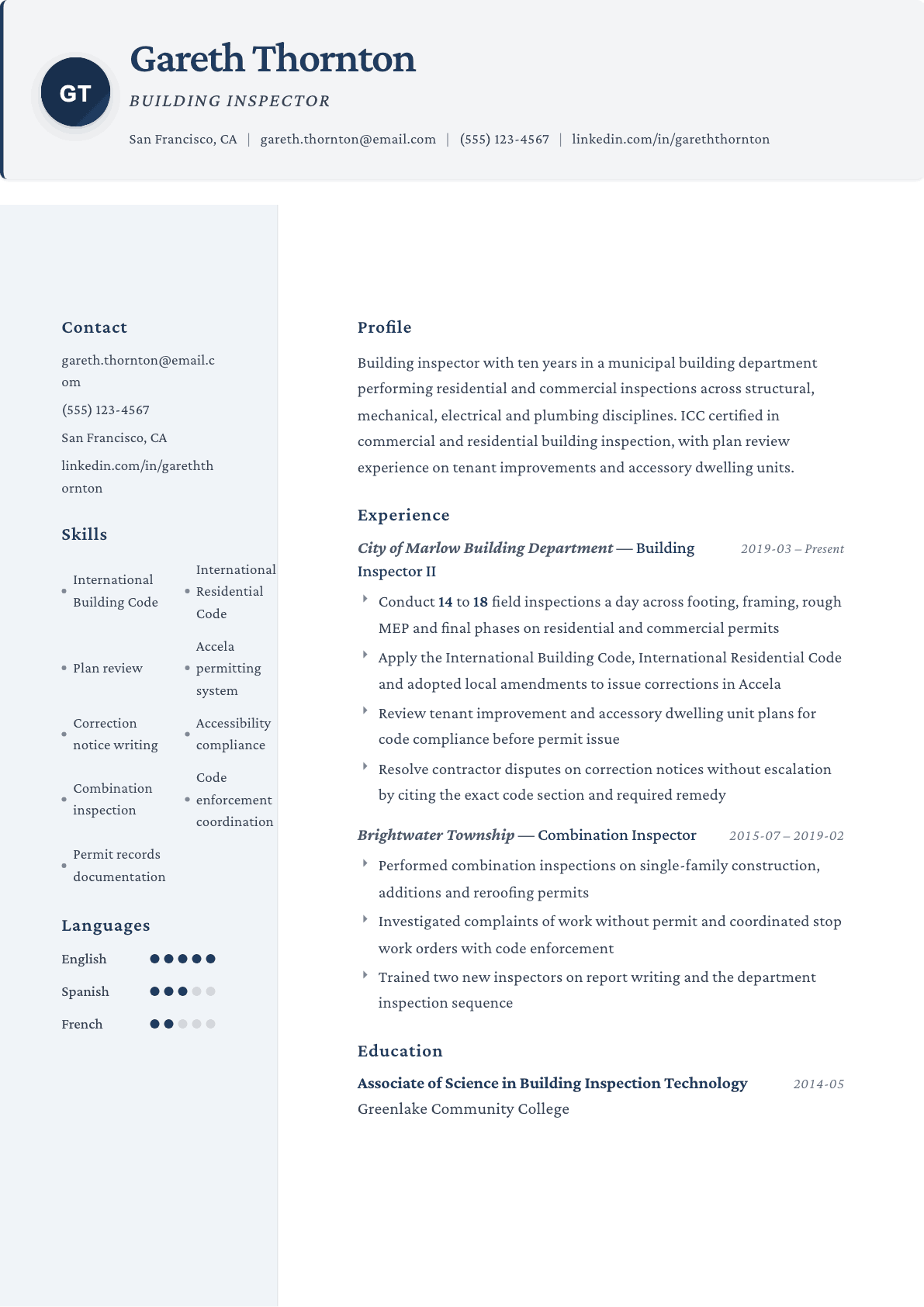 Building Inspector resume example, Formal template
