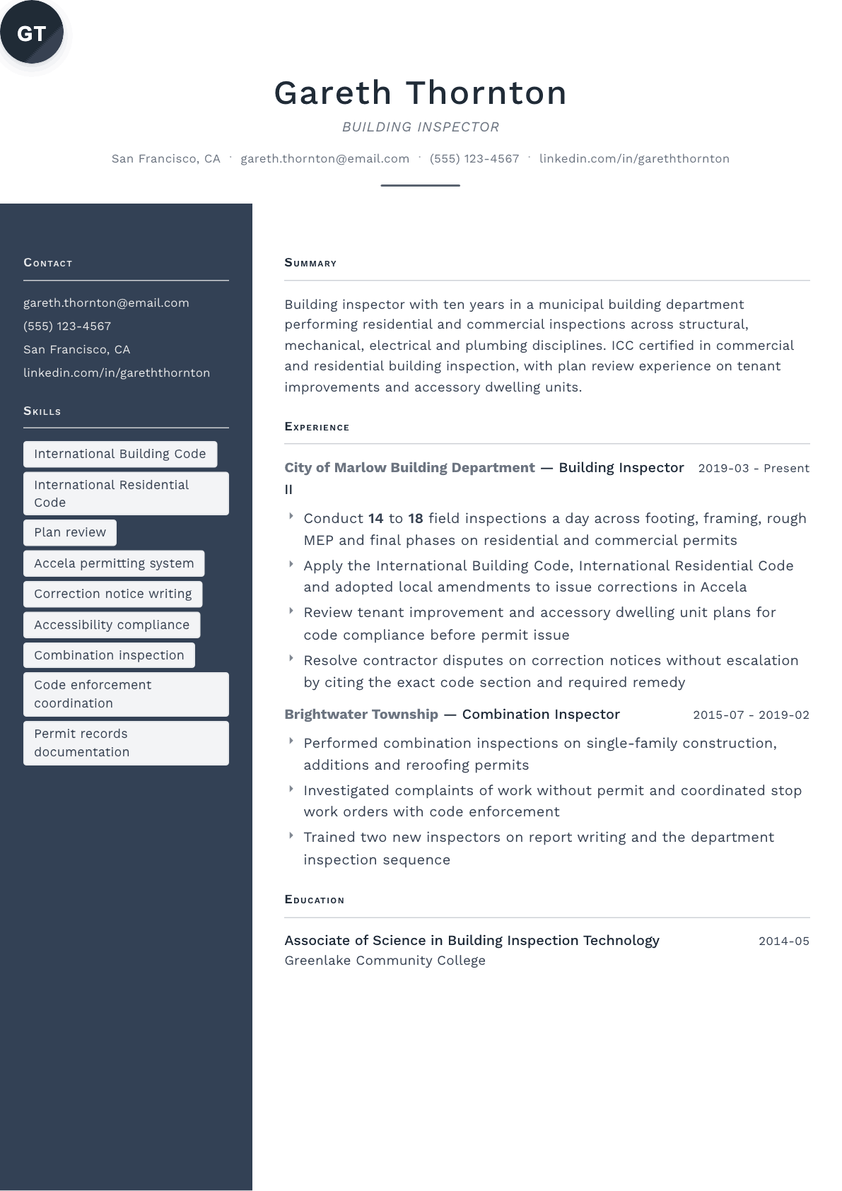 Building Inspector resume example, Fold template