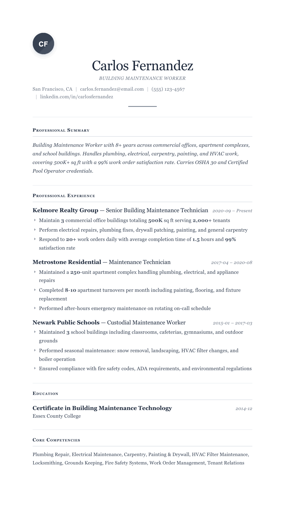 Building Maintenance Worker resume example, Cornerstone template