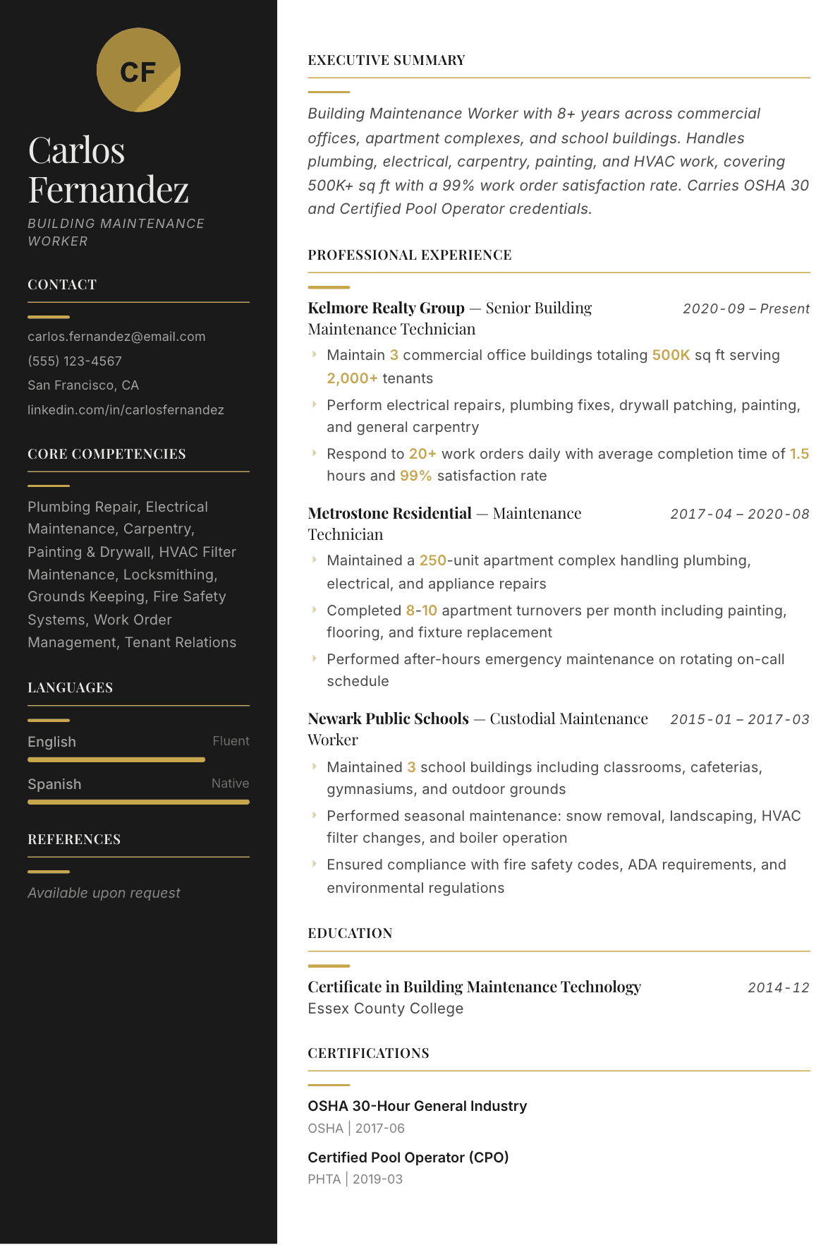 Building Maintenance Worker resume example, Ink & Gold template