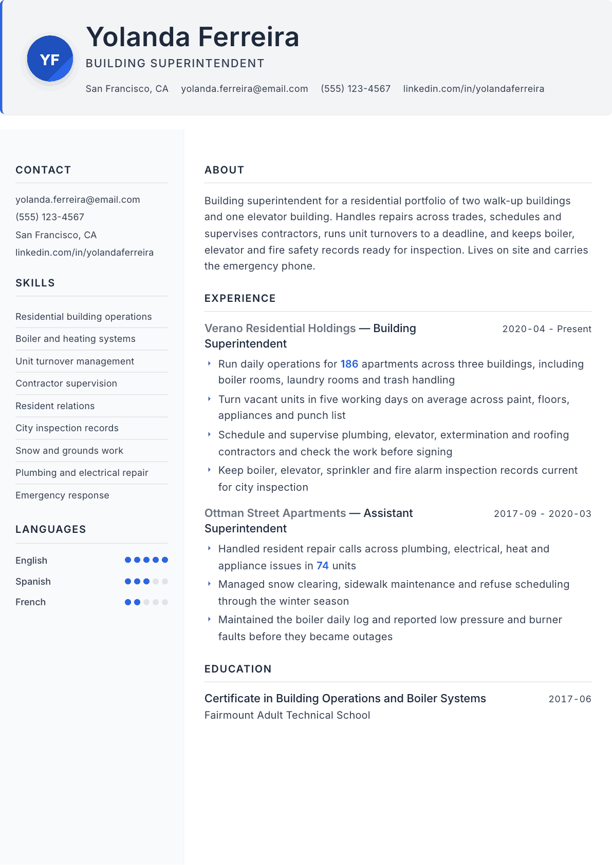 Building Superintendent resume example, Paper template