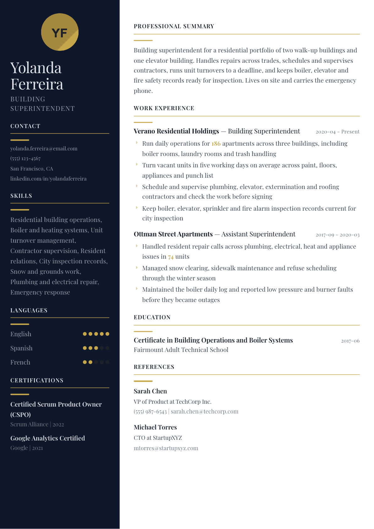 Building Superintendent resume example, Zurich template
