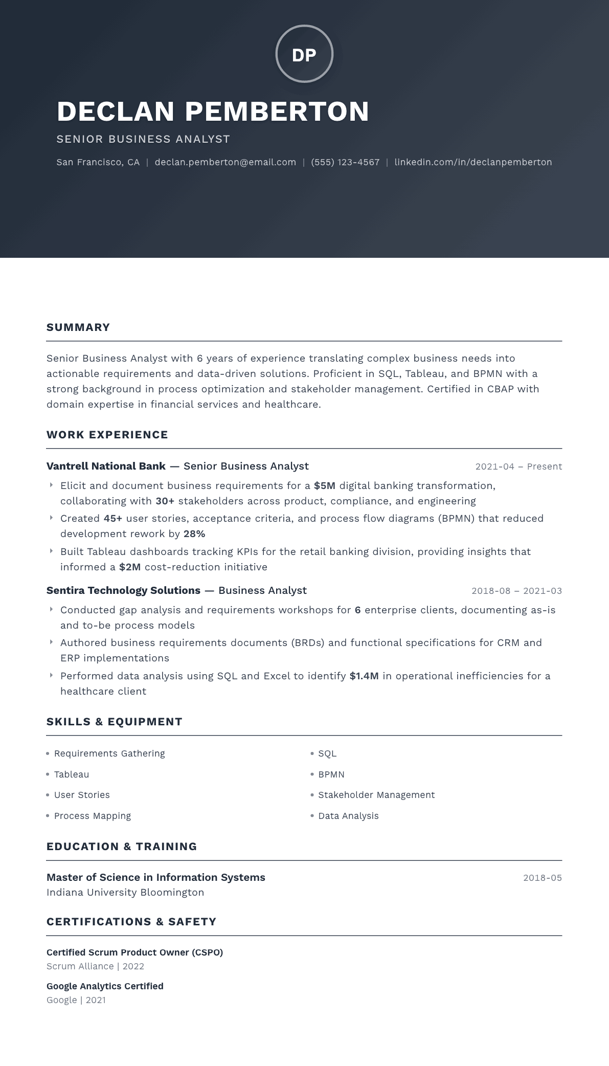 Business Analyst resume example, Foundation template