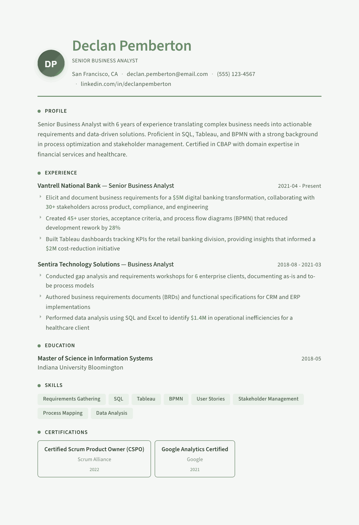 Business Analyst resume example, Sage Garden template