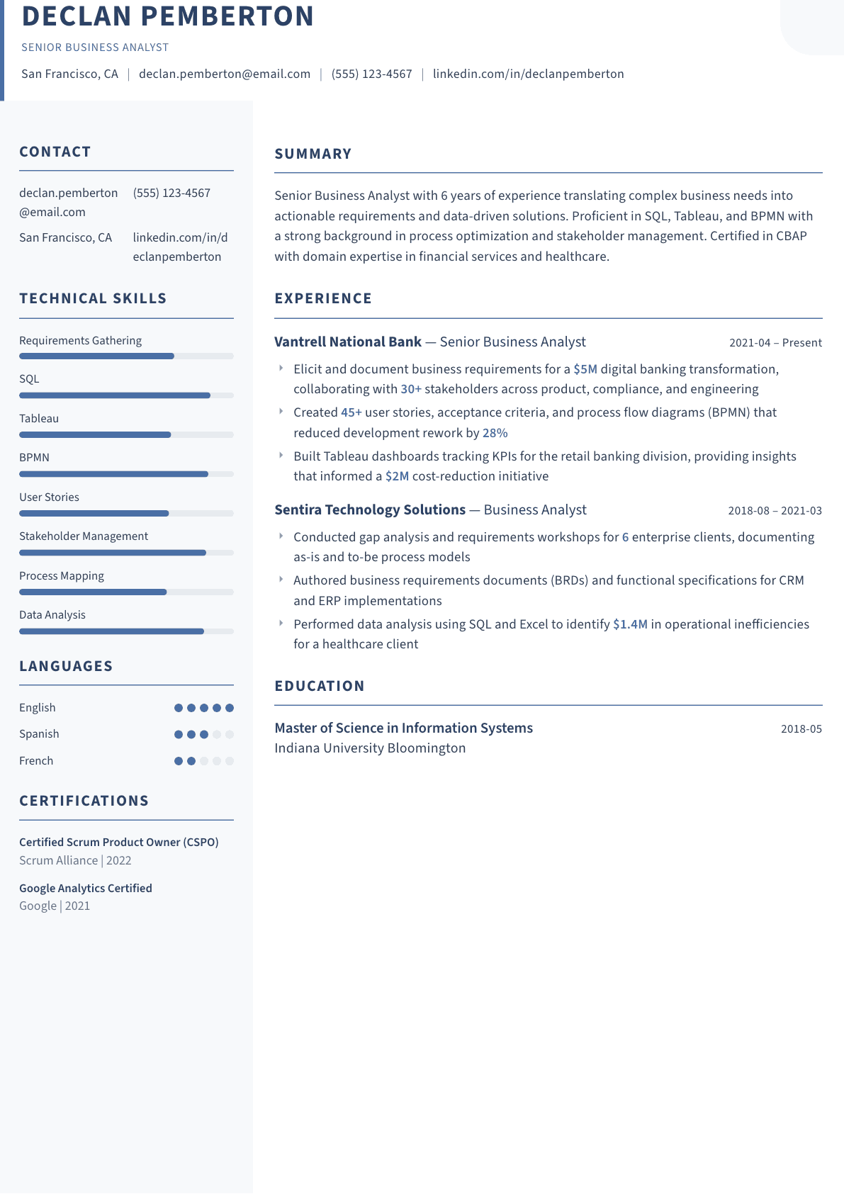 Business Analyst resume example, Summit template