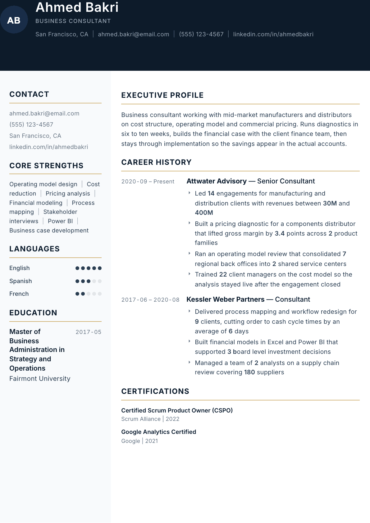Business Consultant resume example, Consulate template