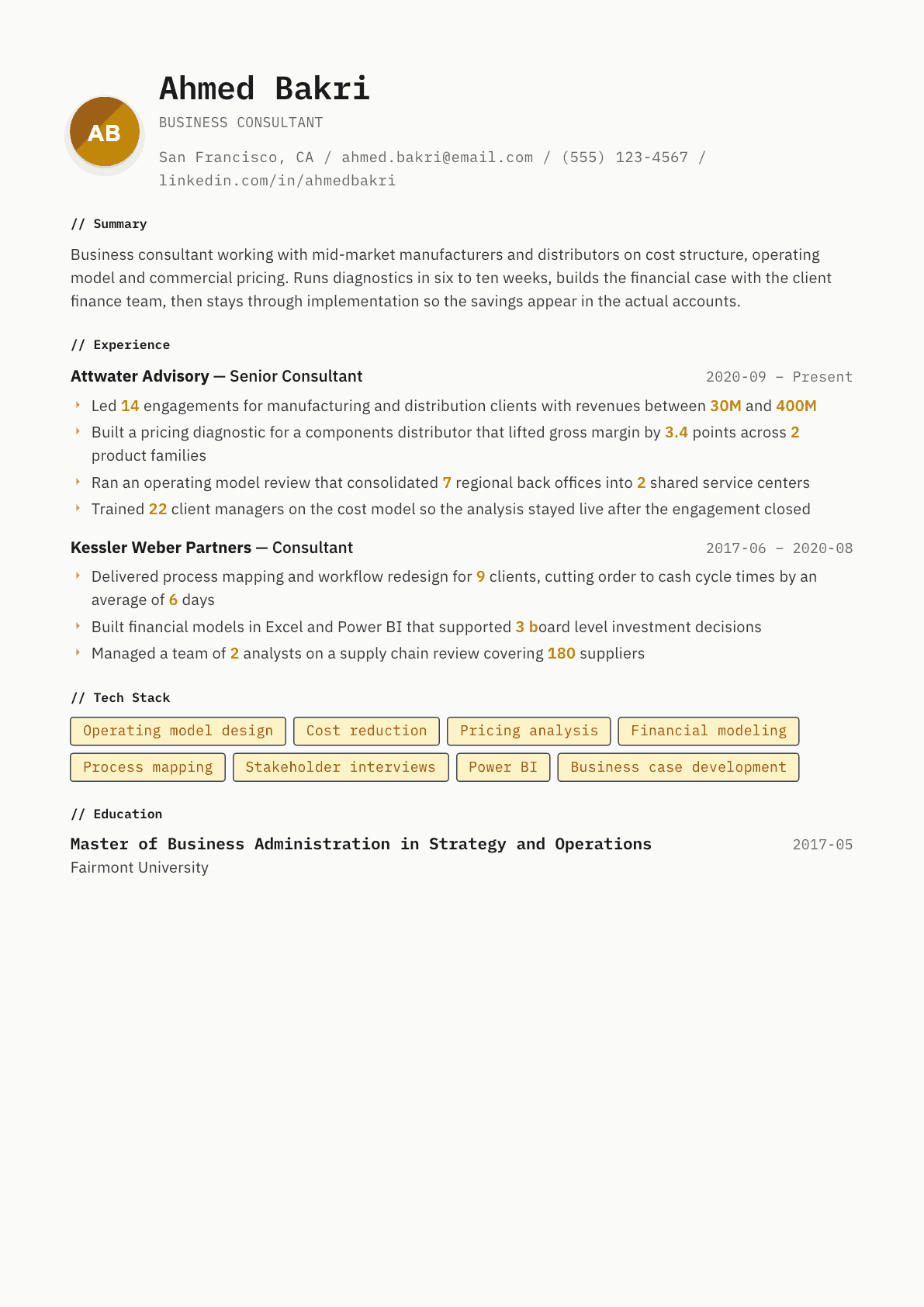 Business Consultant resume example, Inkwell template