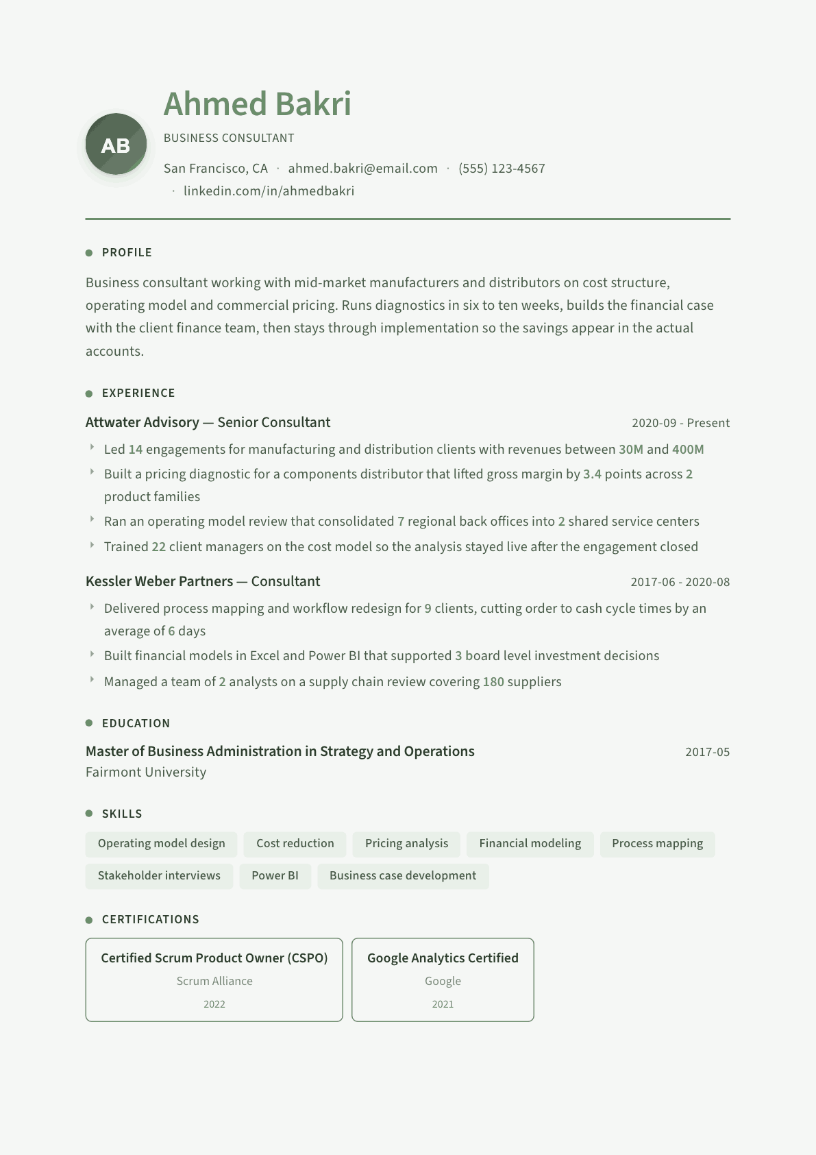 Business Consultant resume example, Sage Garden template