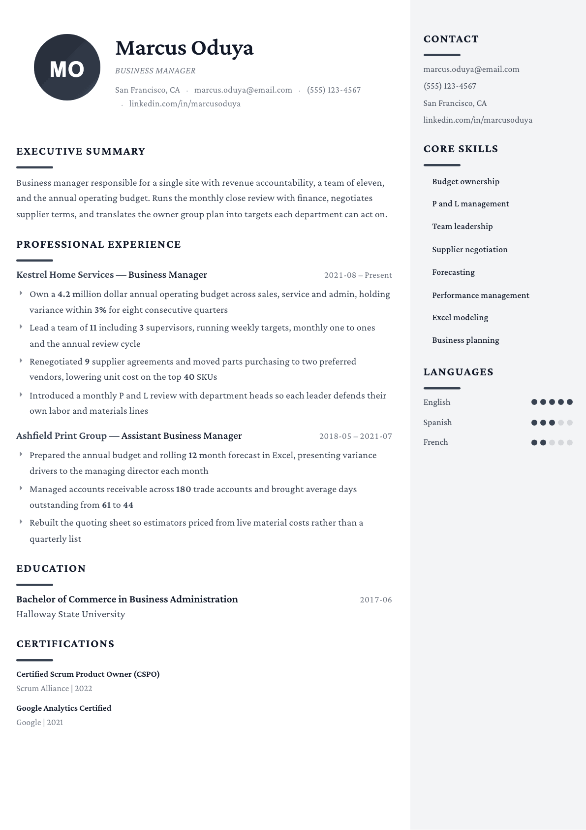 Business Manager resume example, Monarch template