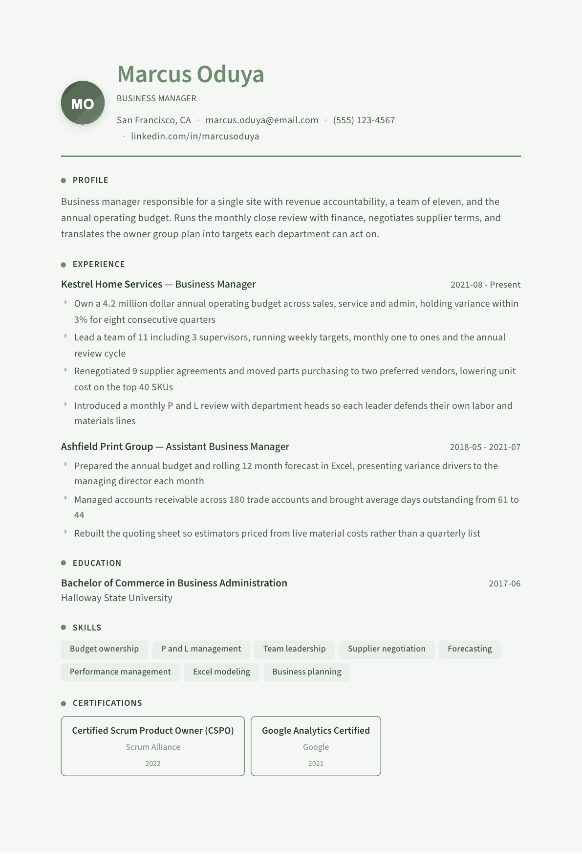 Business Manager resume example, Sage Garden template