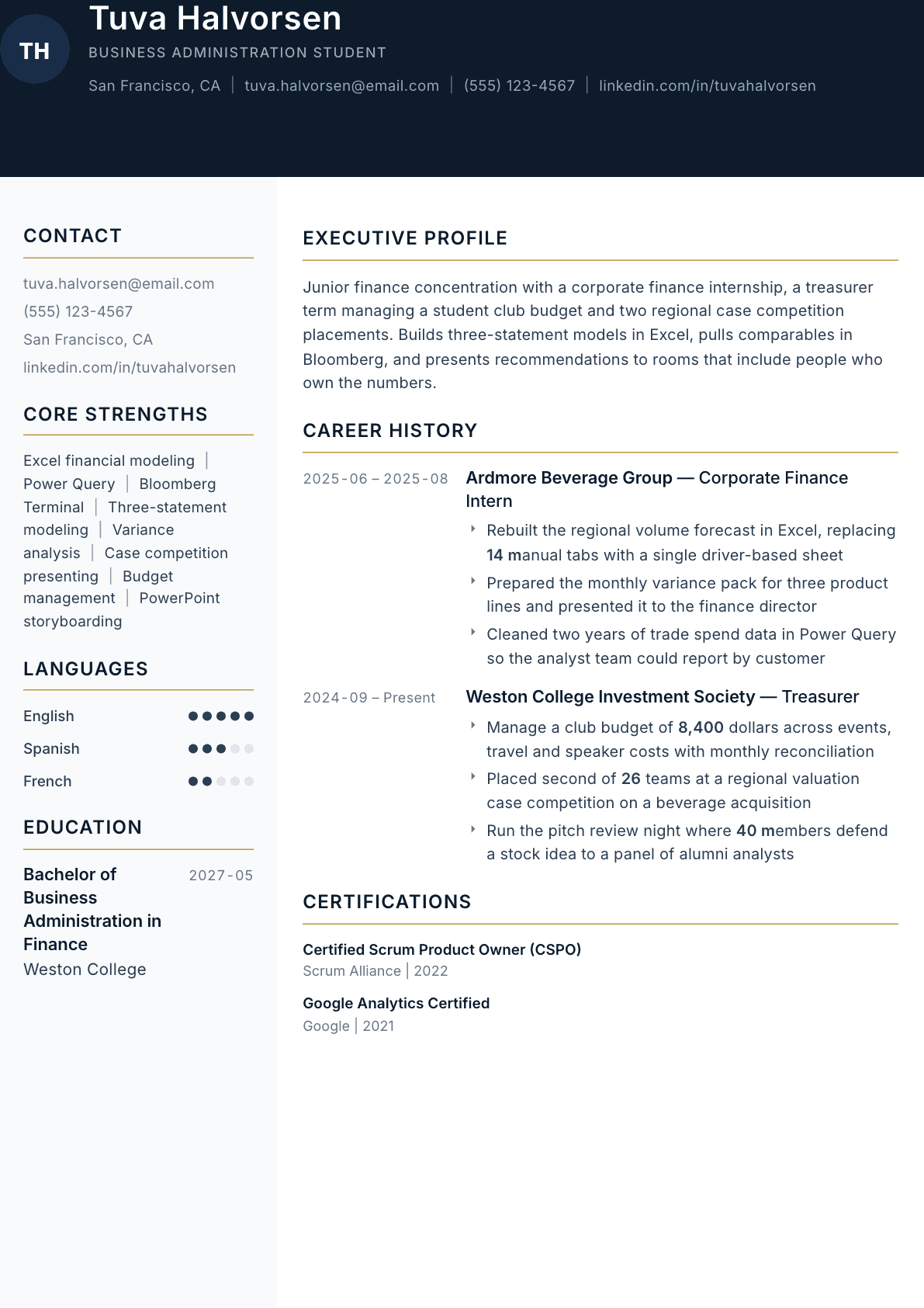 Business Student resume example, Consulate template