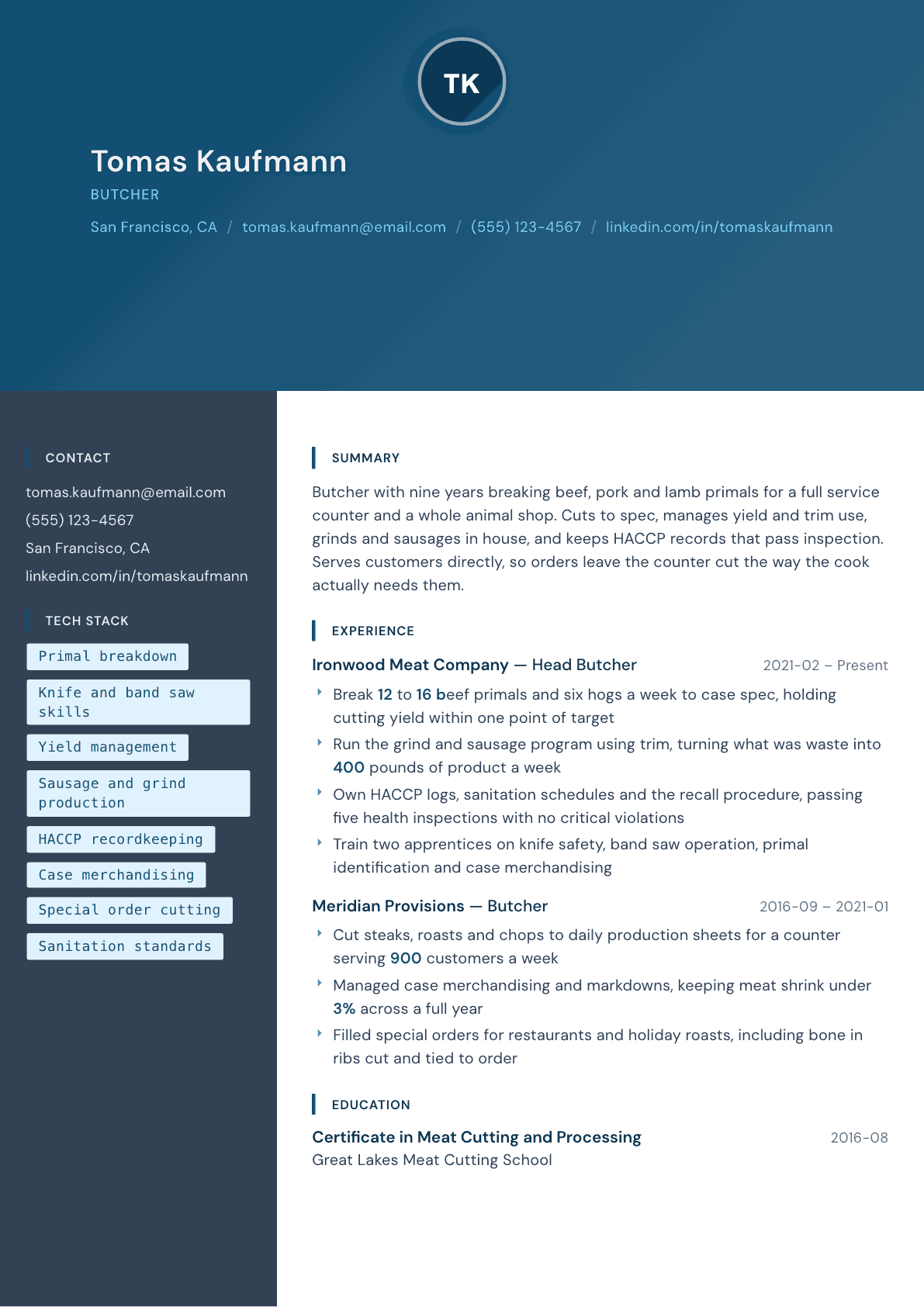 Butcher resume example, Prism template