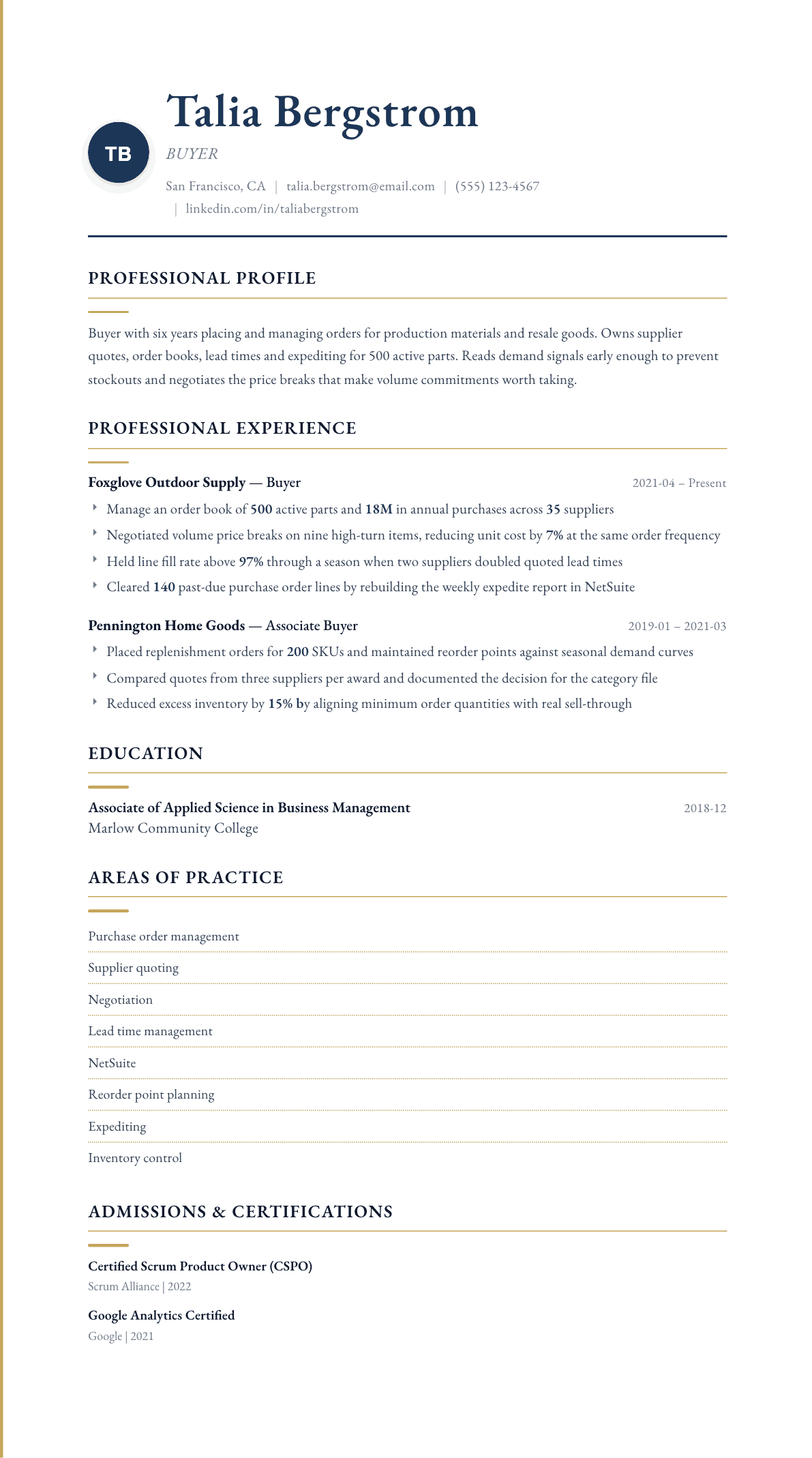 Buyer resume example, Folio template
