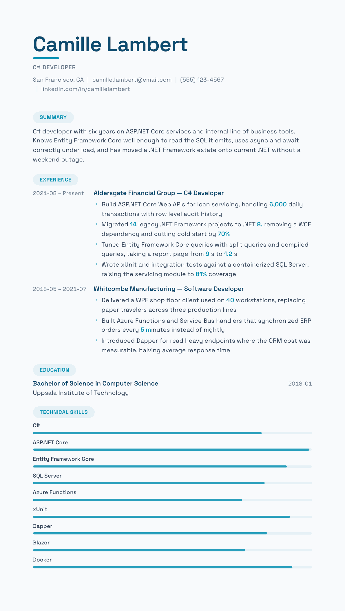 C# Developer resume example, Horizon template