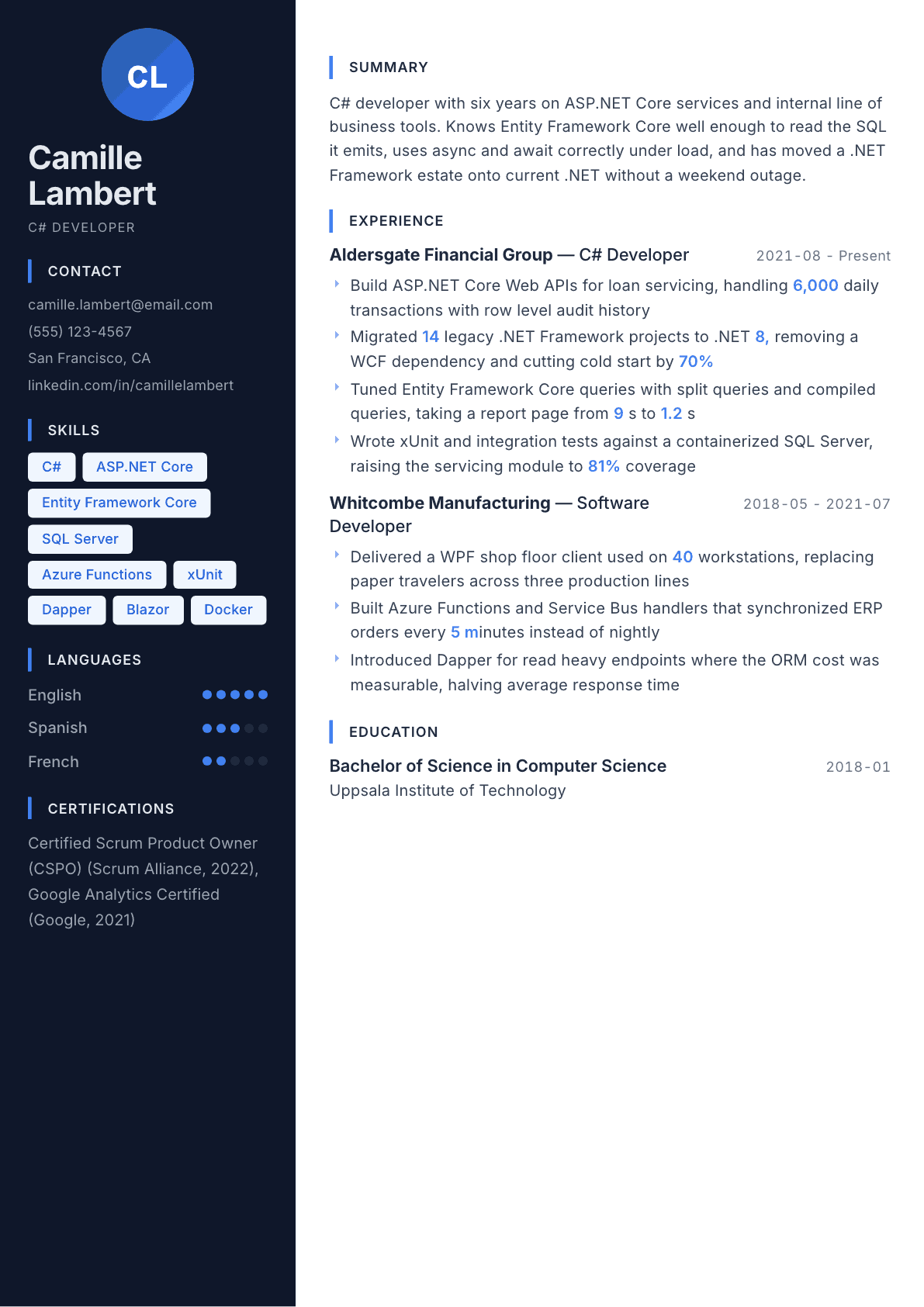 C# Developer resume example, Midnight Sapphire template