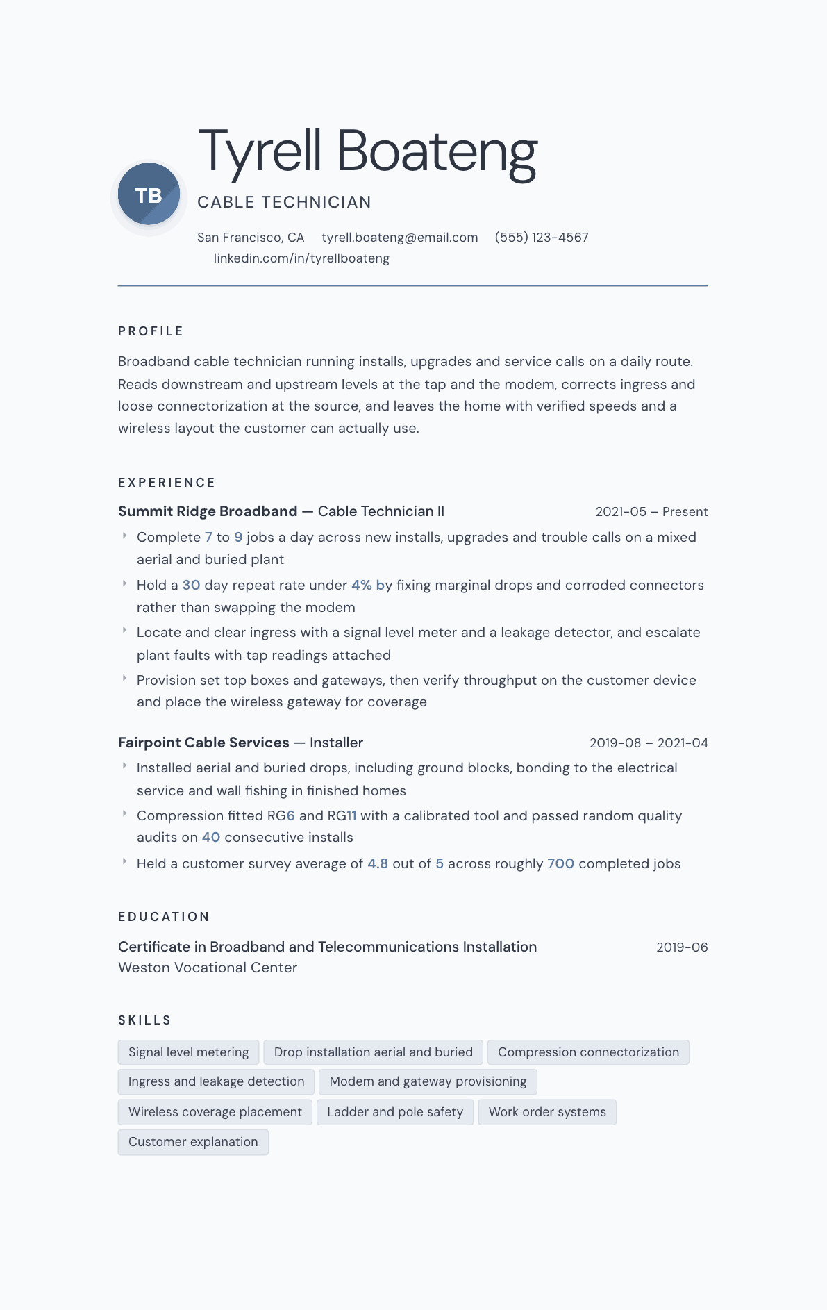 Cable Technician resume example, Nordic template