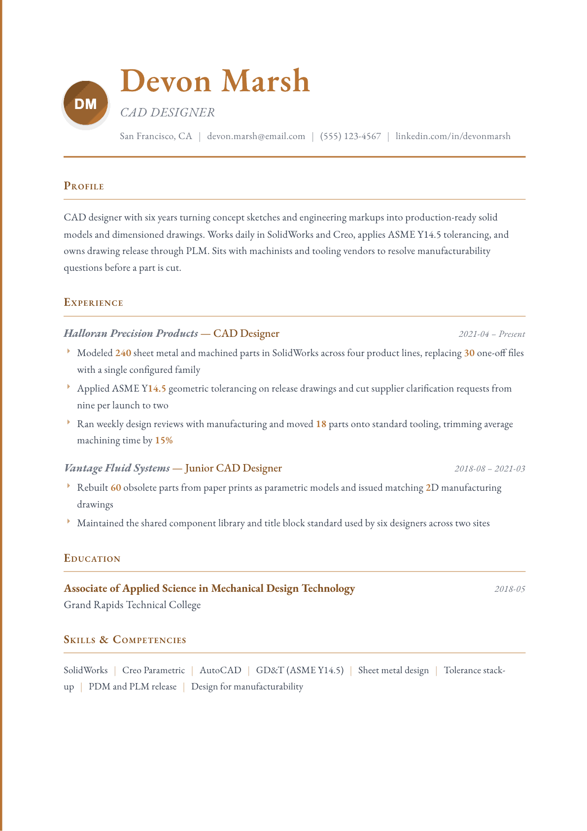 CAD Designer resume example, Timeless template
