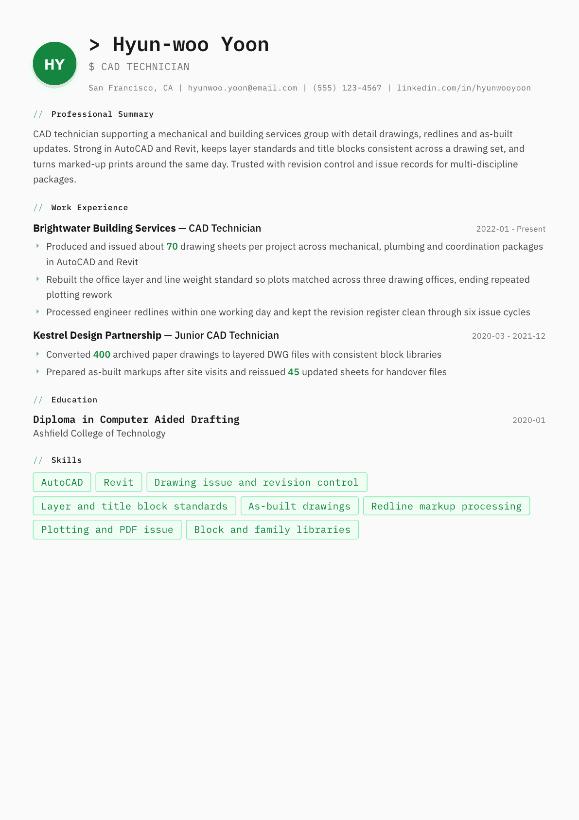 CAD Technician resume example, Amsterdam template