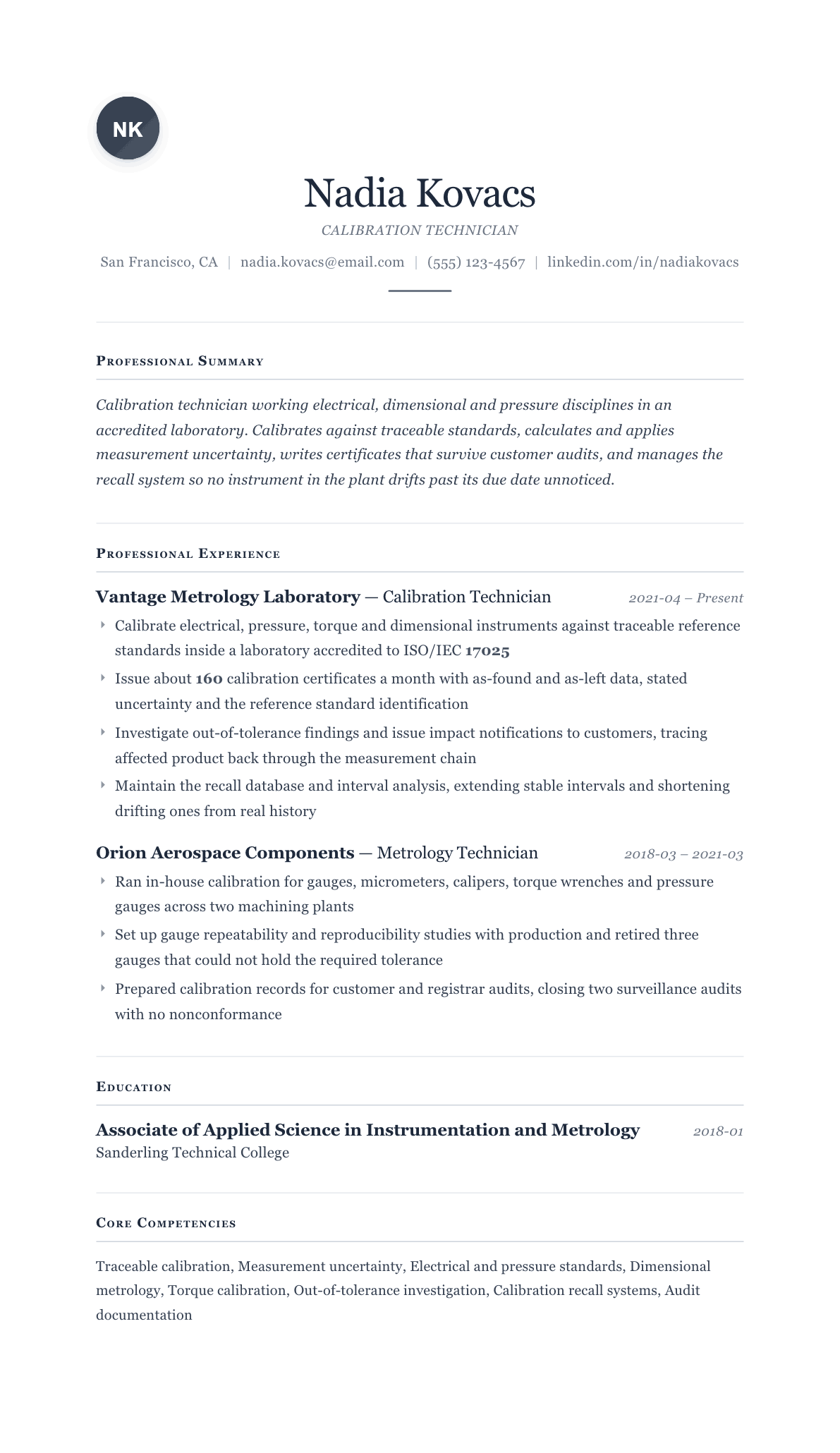 Calibration Technician resume example, Cornerstone template