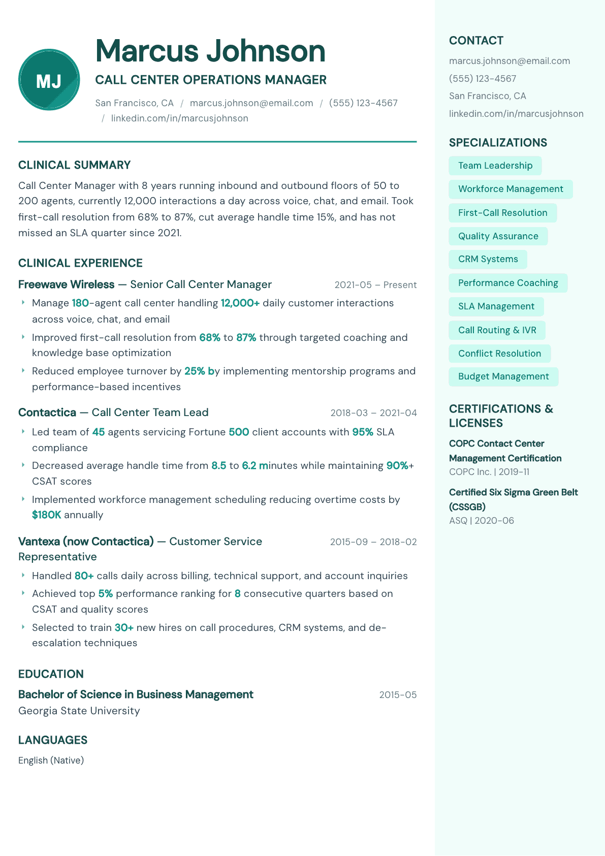 Call Center Manager resume example, Remedy template