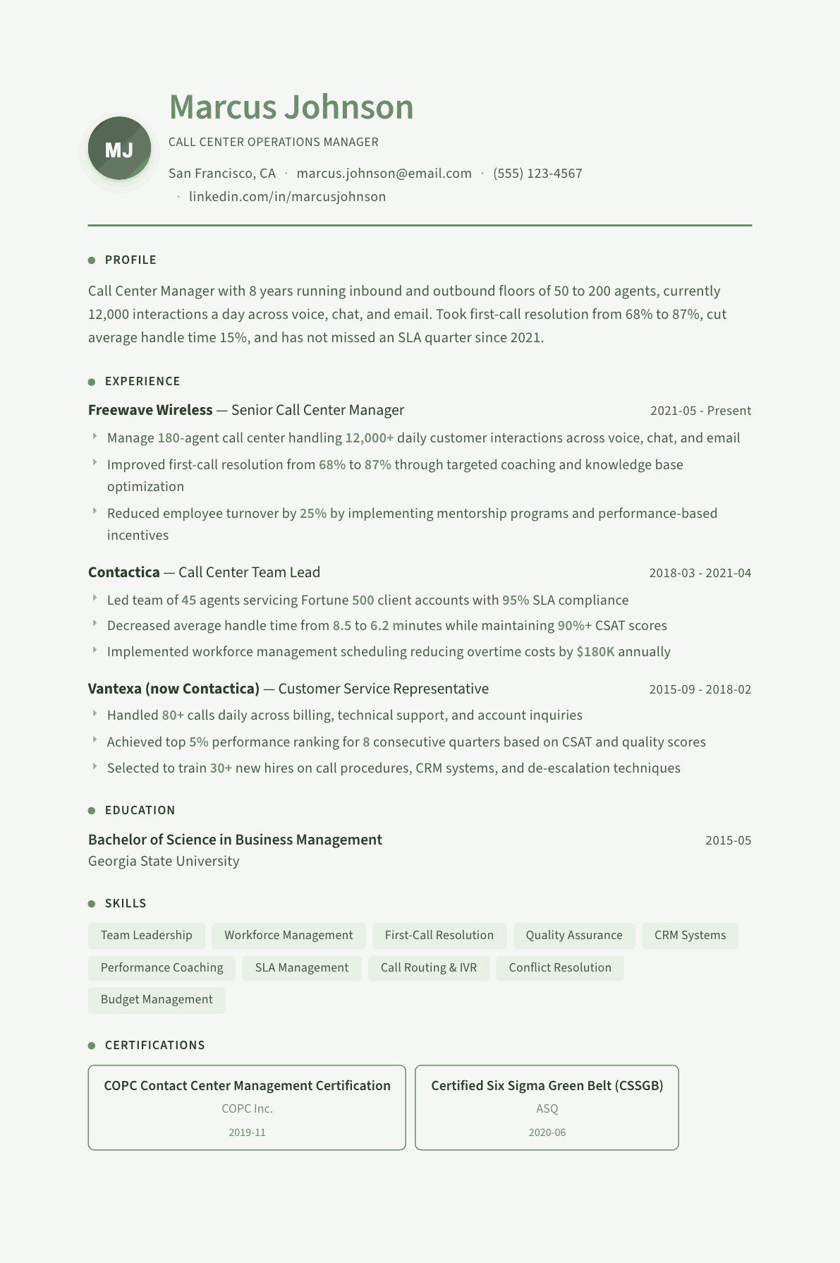 Call Center Manager resume example, Sage Garden template