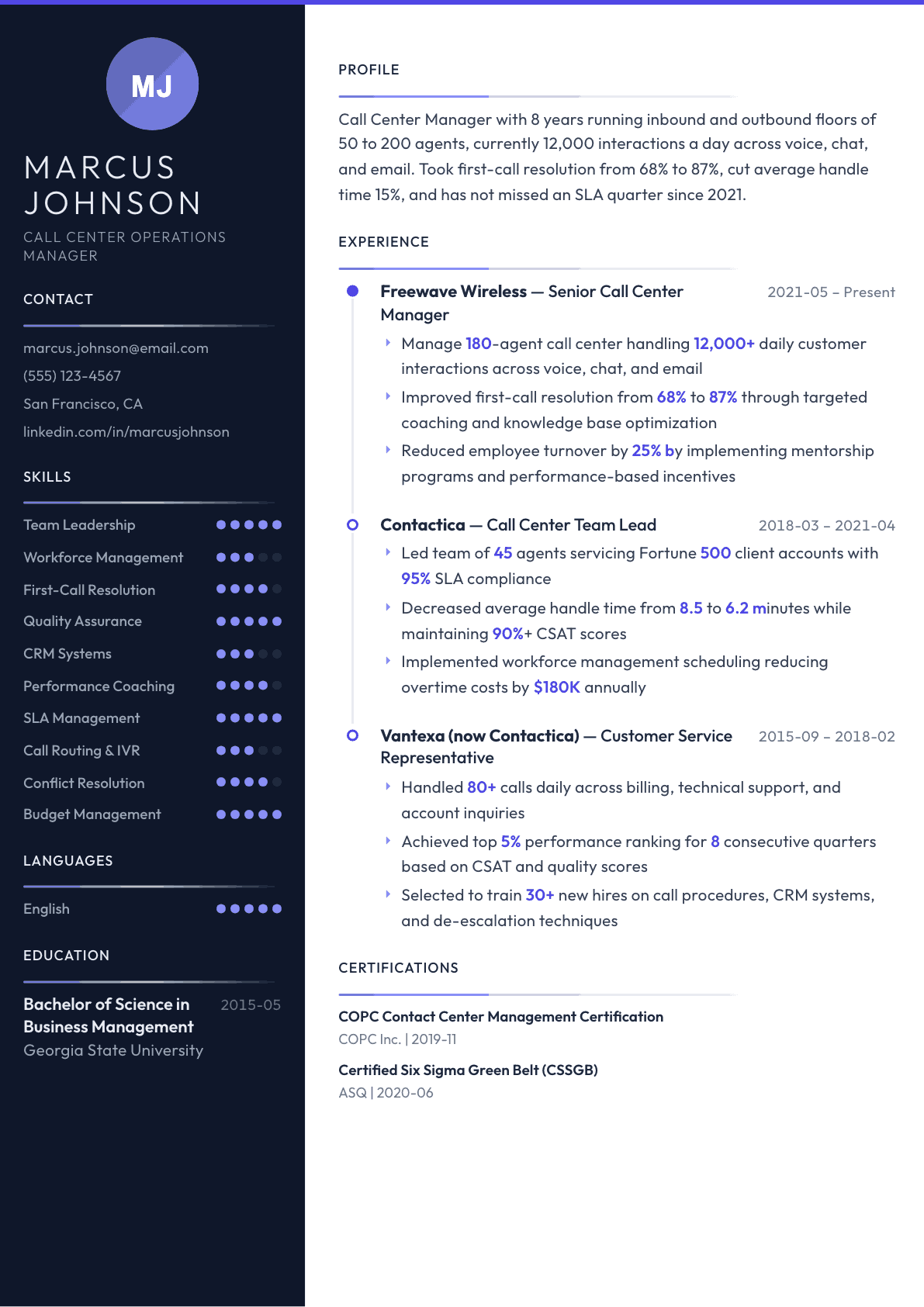 Call Center Manager resume example, Zenith template