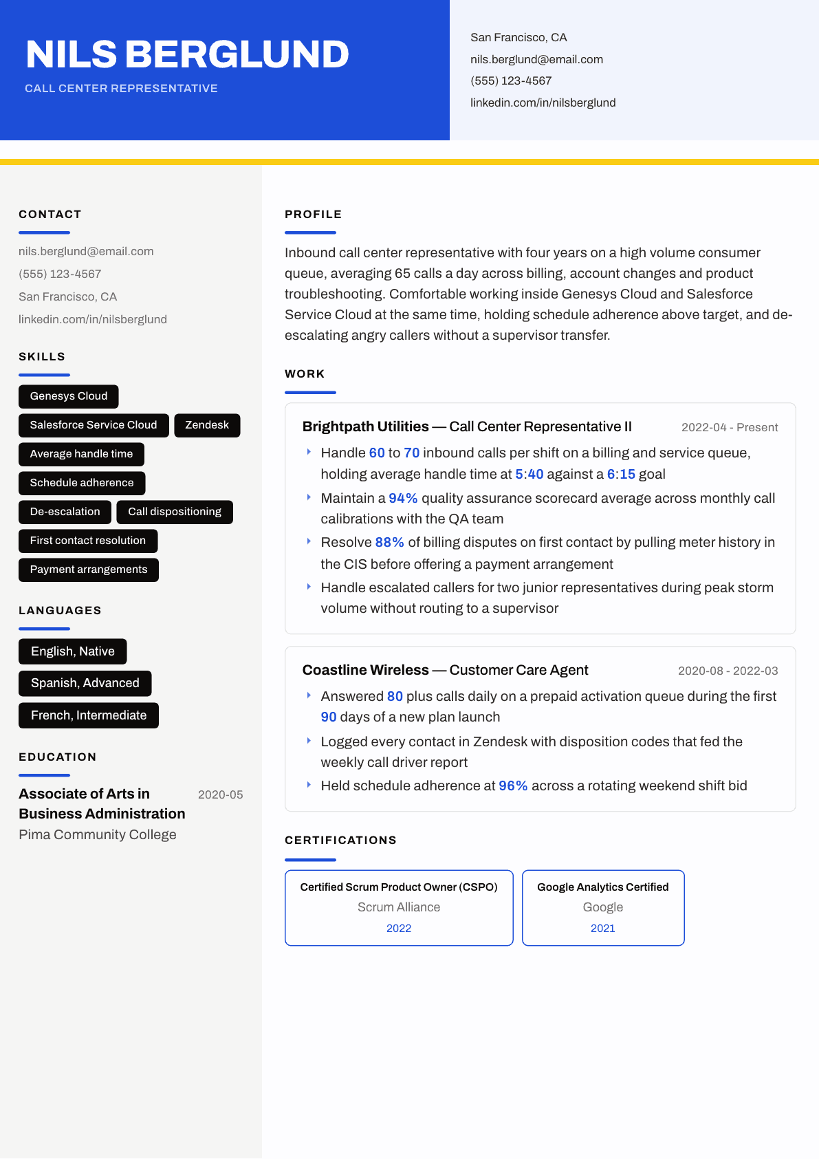 Call Center Representative resume example, Kontrast template