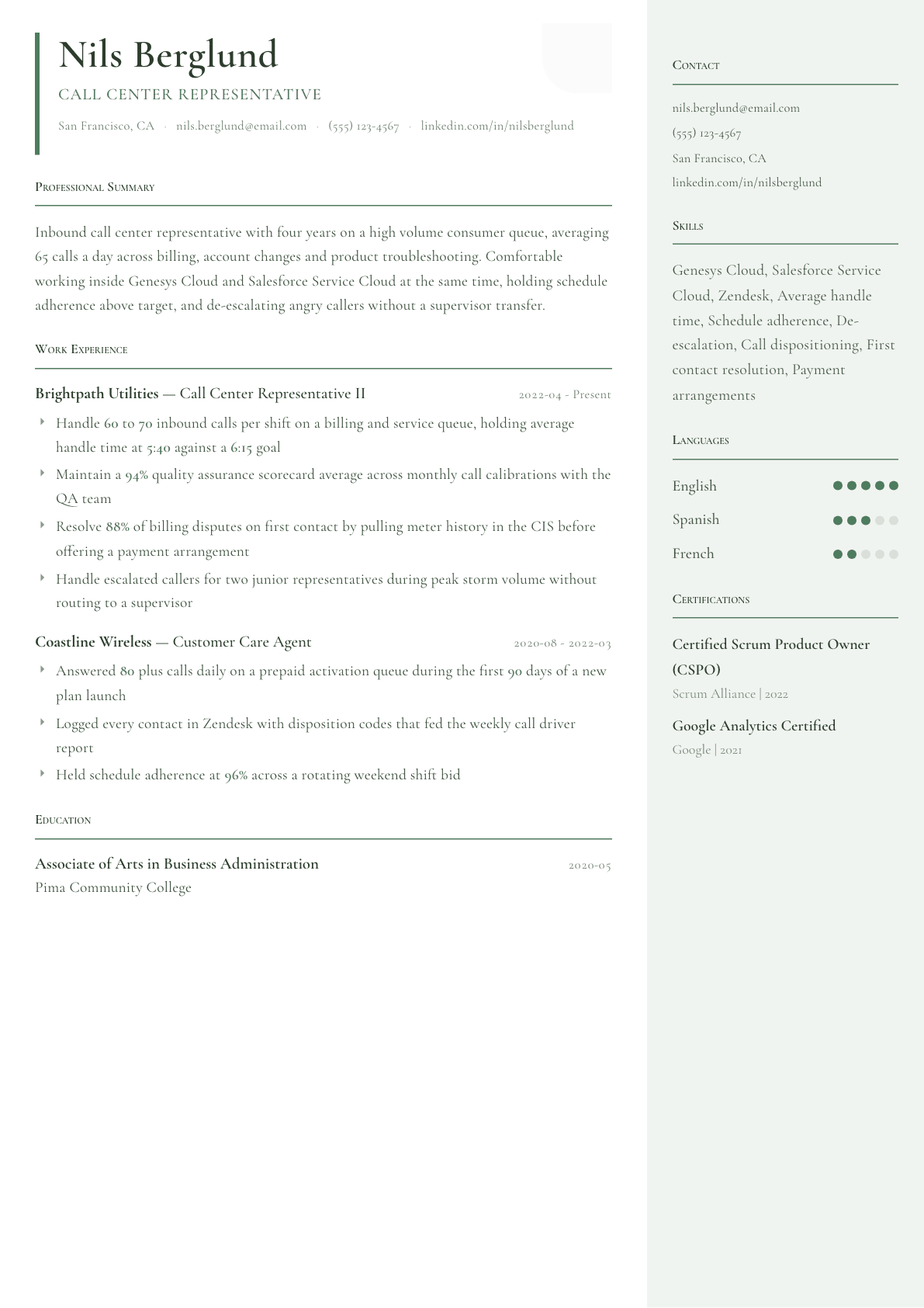 Call Center Representative resume example, Copenhagen template