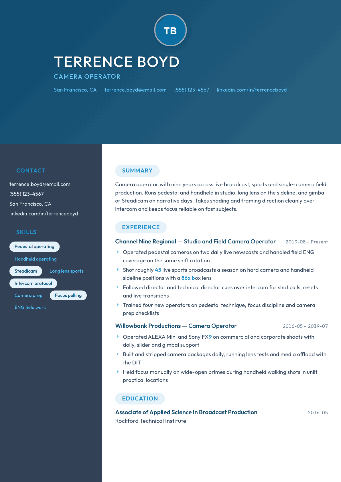 Camera Operator resume example, Nexus template