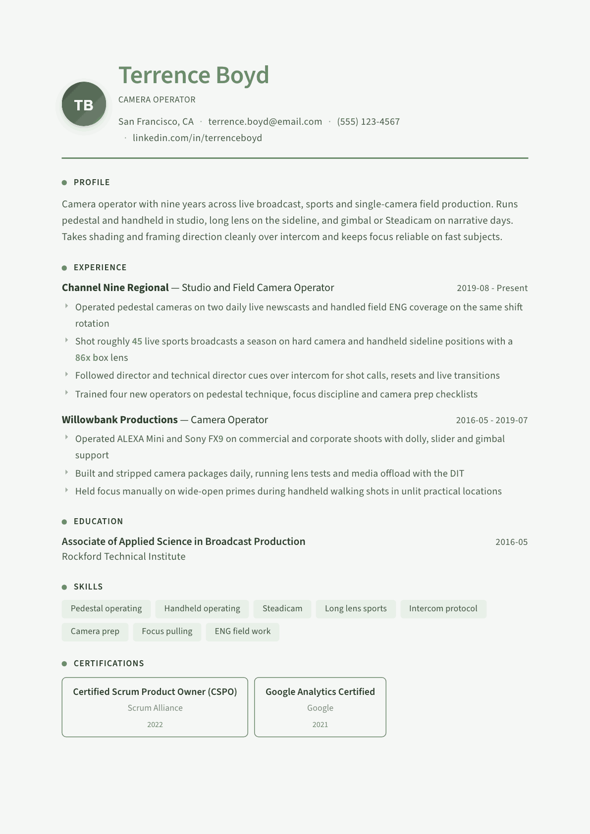 Camera Operator resume example, Sage Garden template
