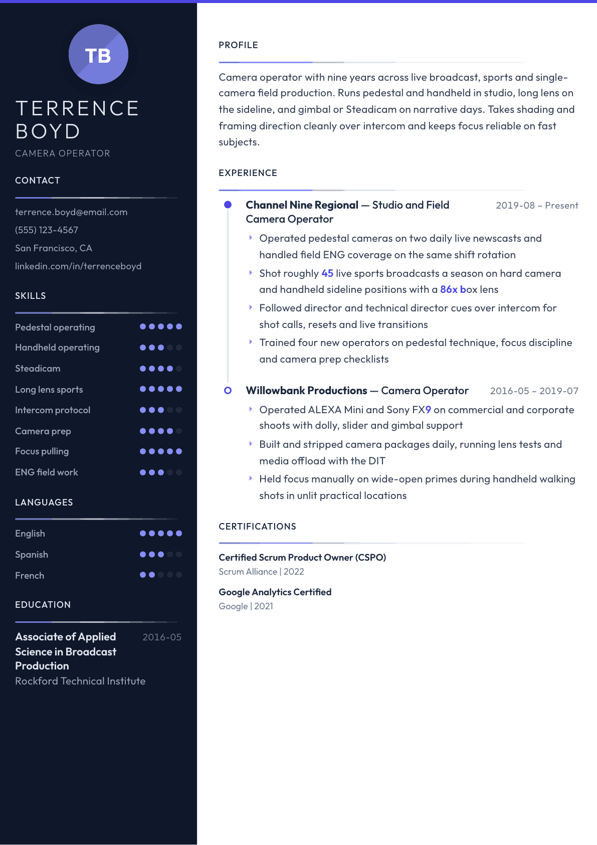 Camera Operator resume example, Zenith template