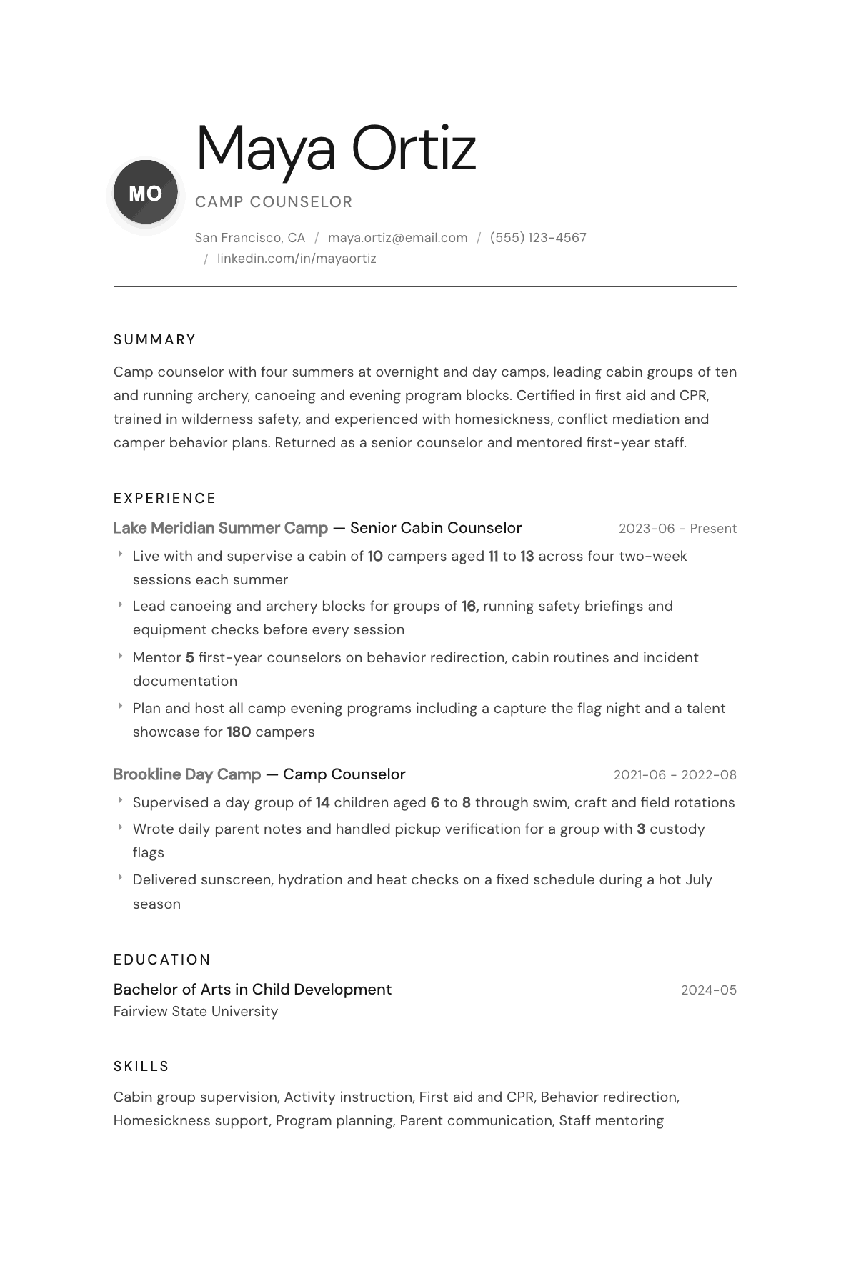 Camp Counselor resume example, Whisper template