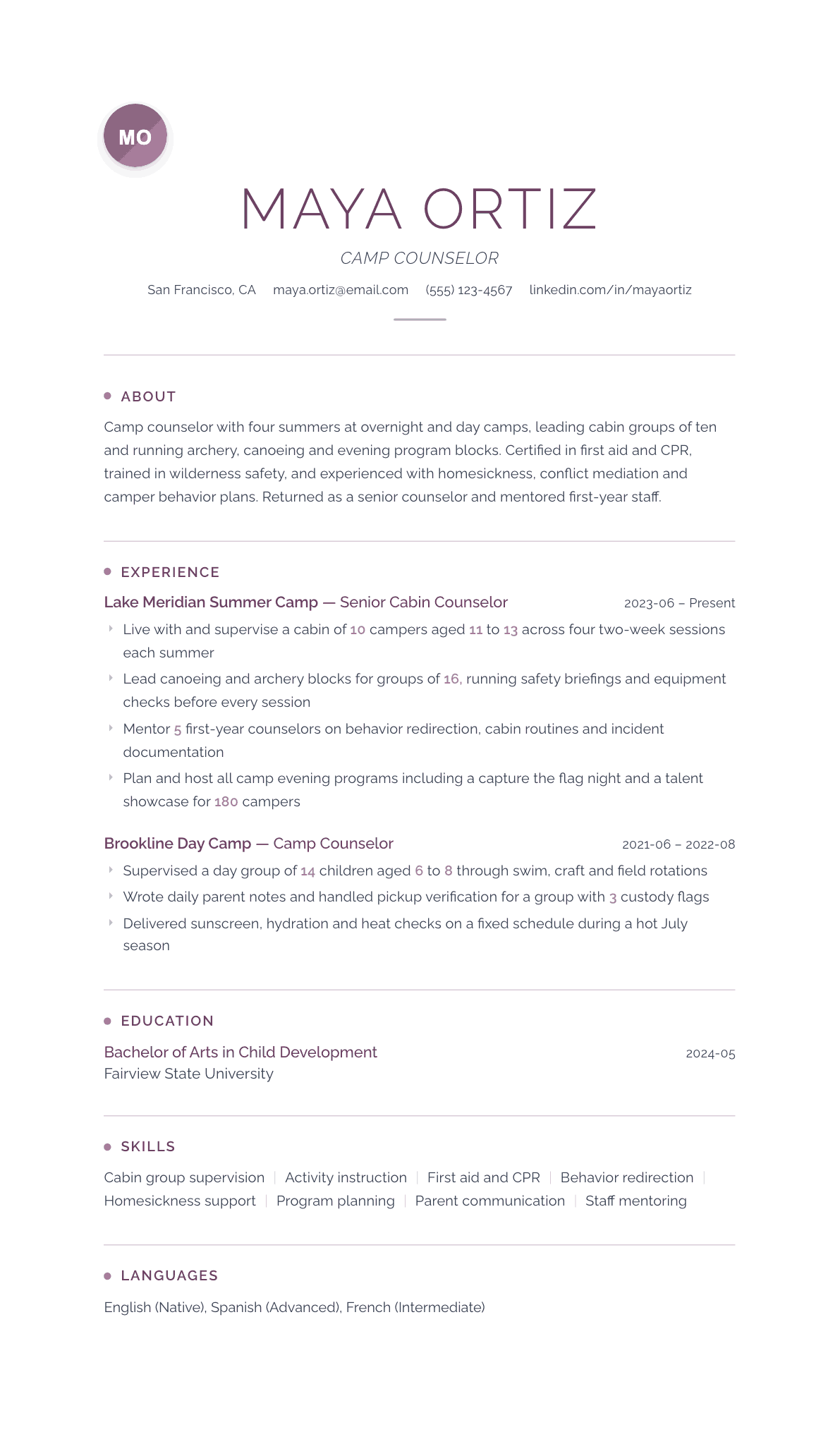 Camp Counselor resume example, Serenity template