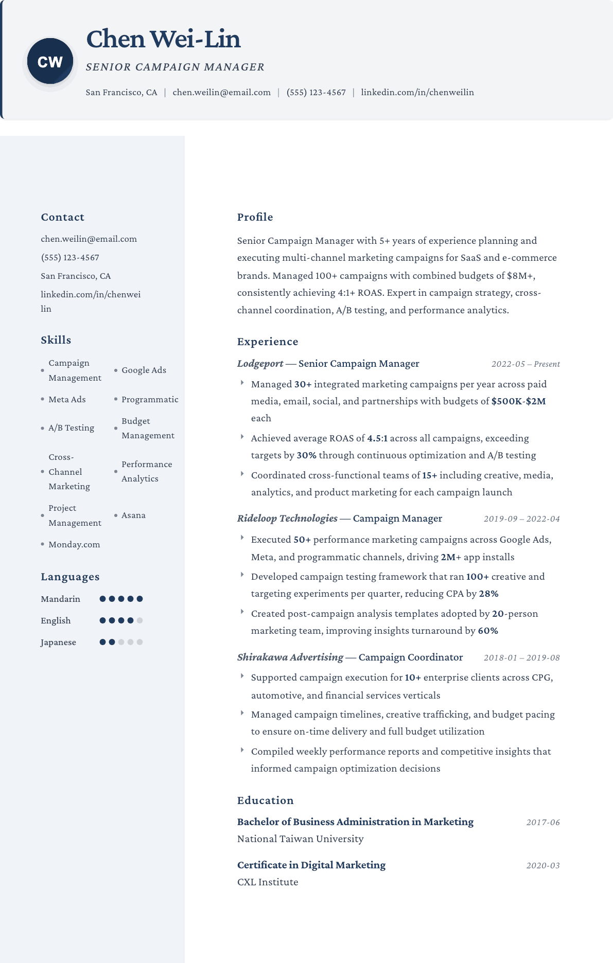 Campaign Manager resume example, Formal template