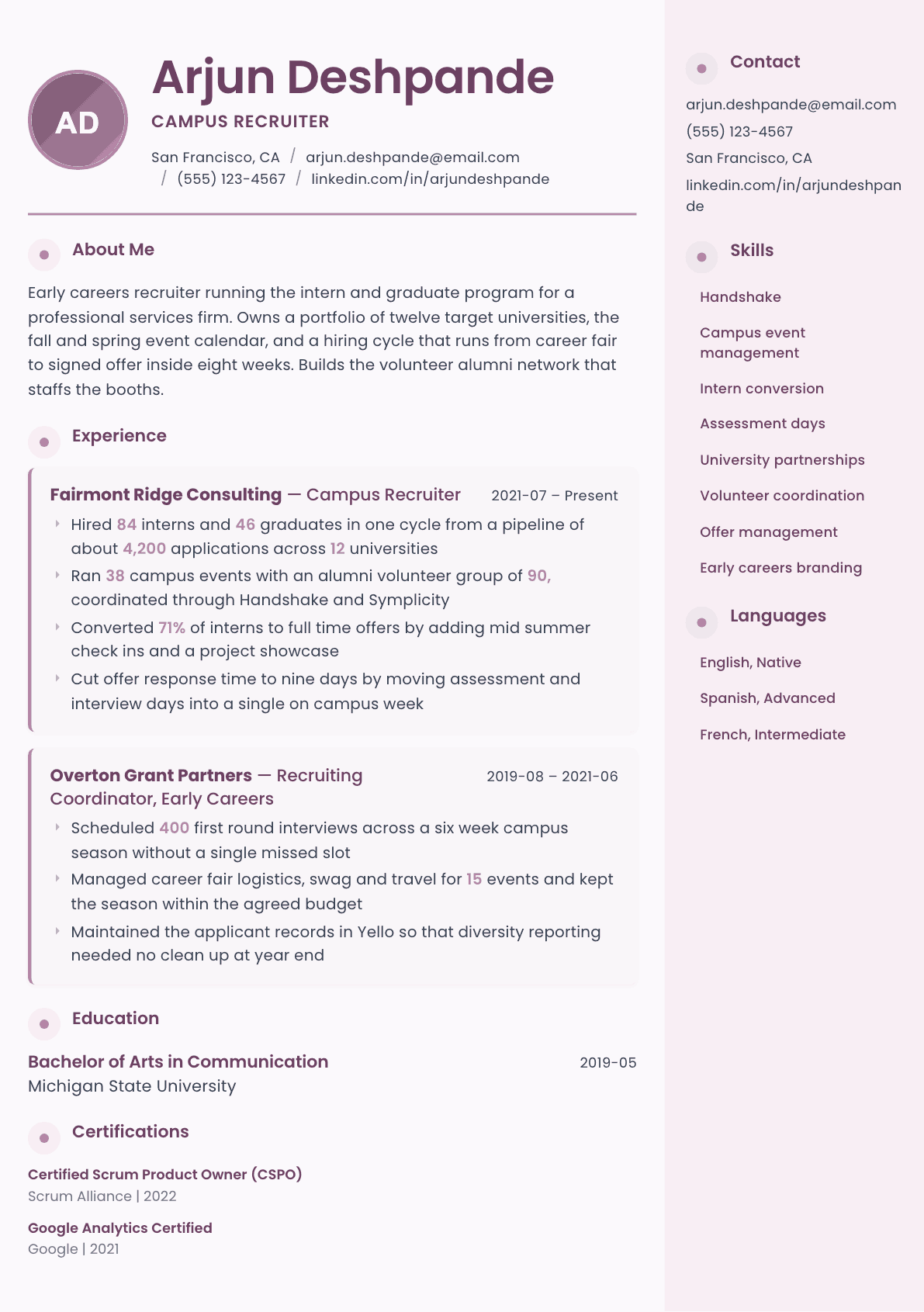 Campus Recruiter resume example, Bloom template