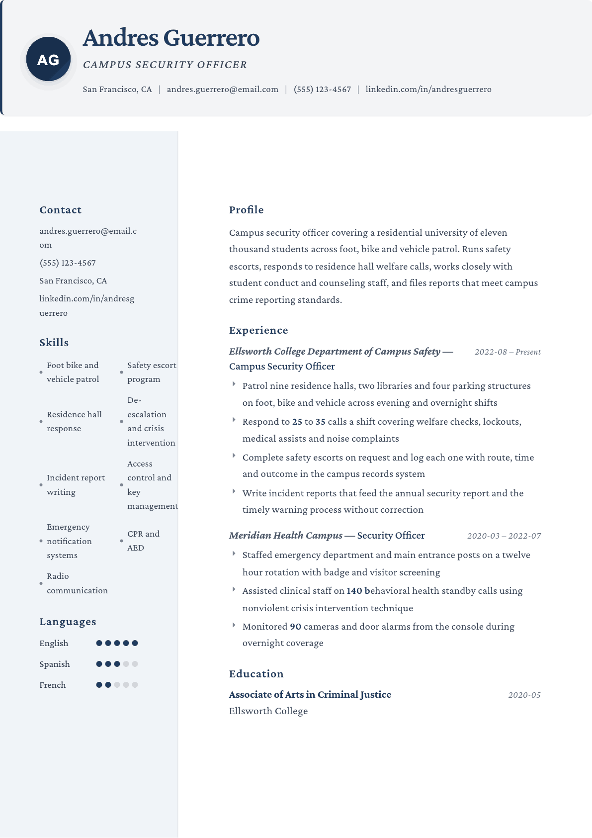 Campus Security Officer resume example, Formal template