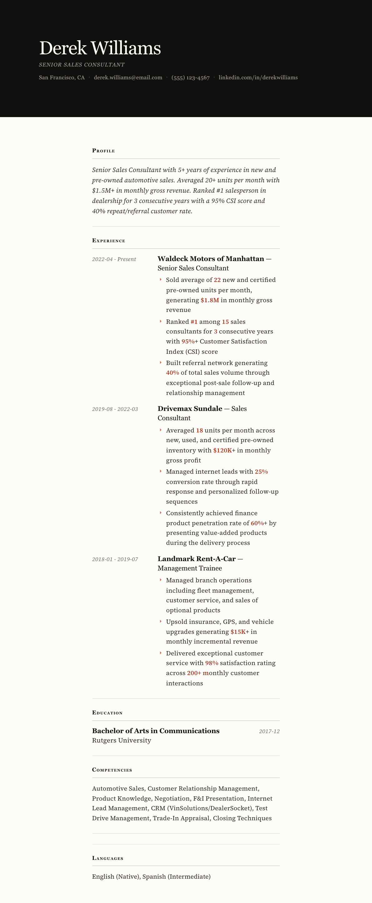 Car Salesperson resume example, Broadsheet template