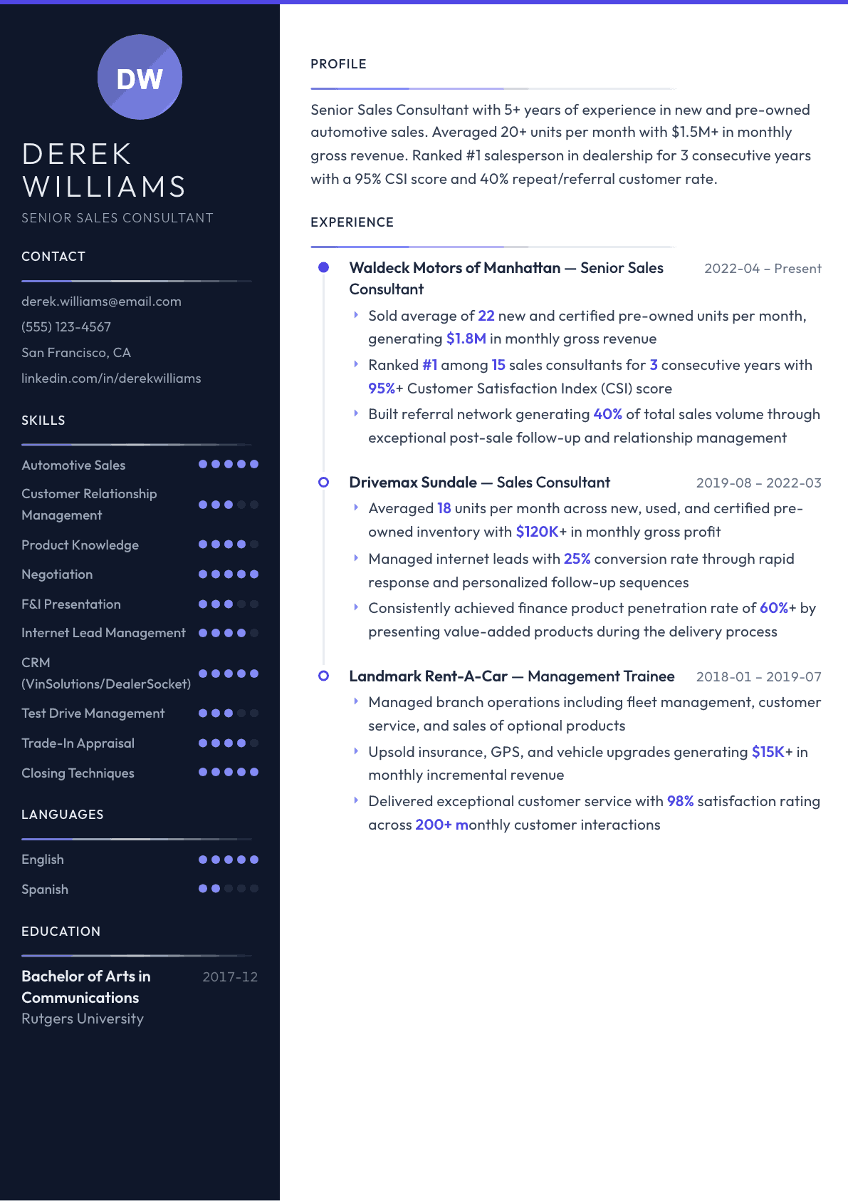 Car Salesperson resume example, Zenith template