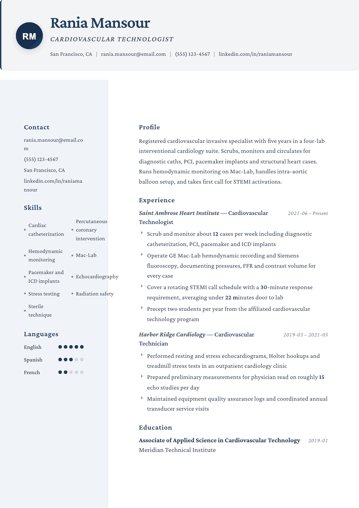 Cardiovascular Technologist resume example, Formal template