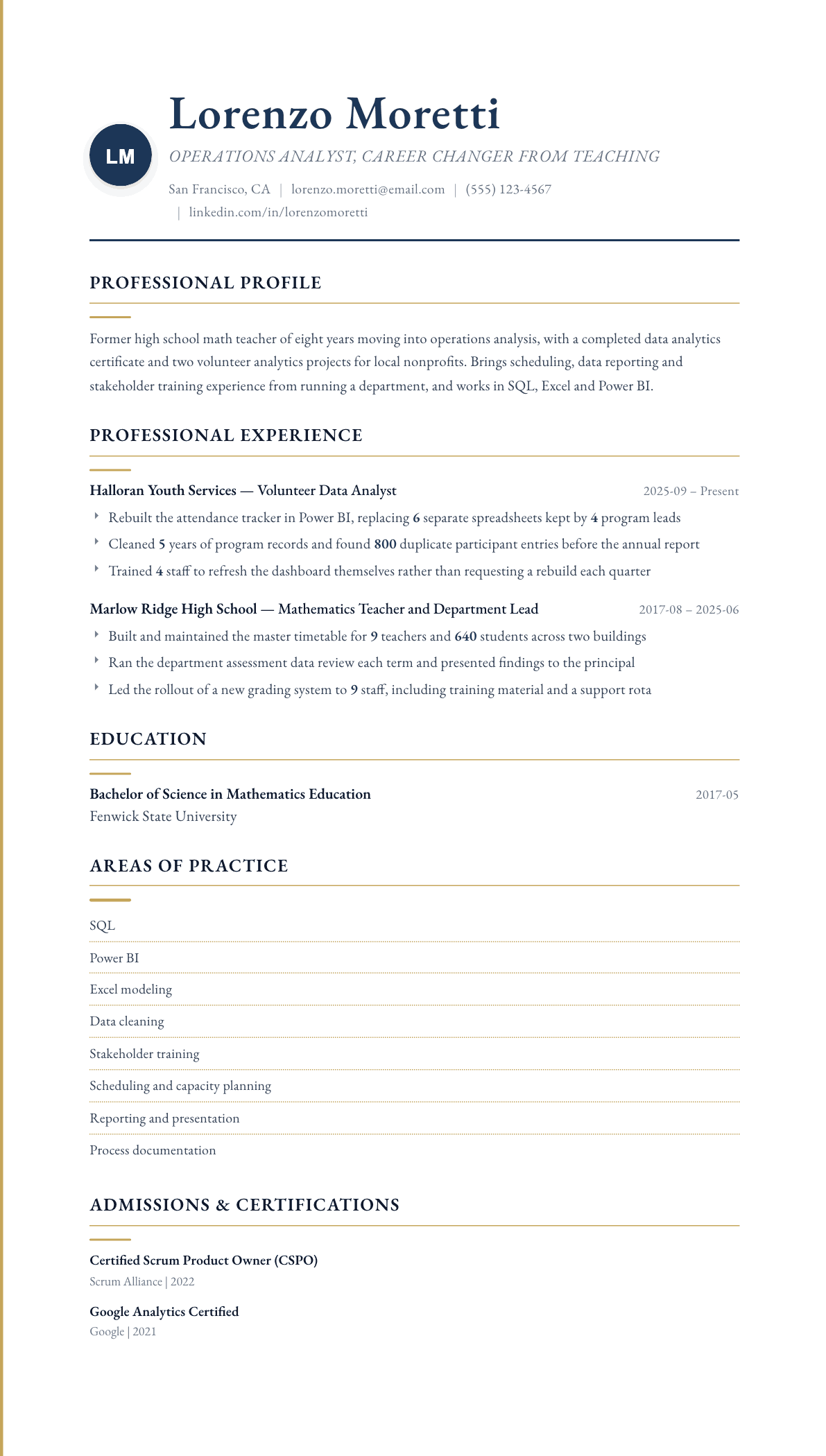Career Change resume example, Folio template