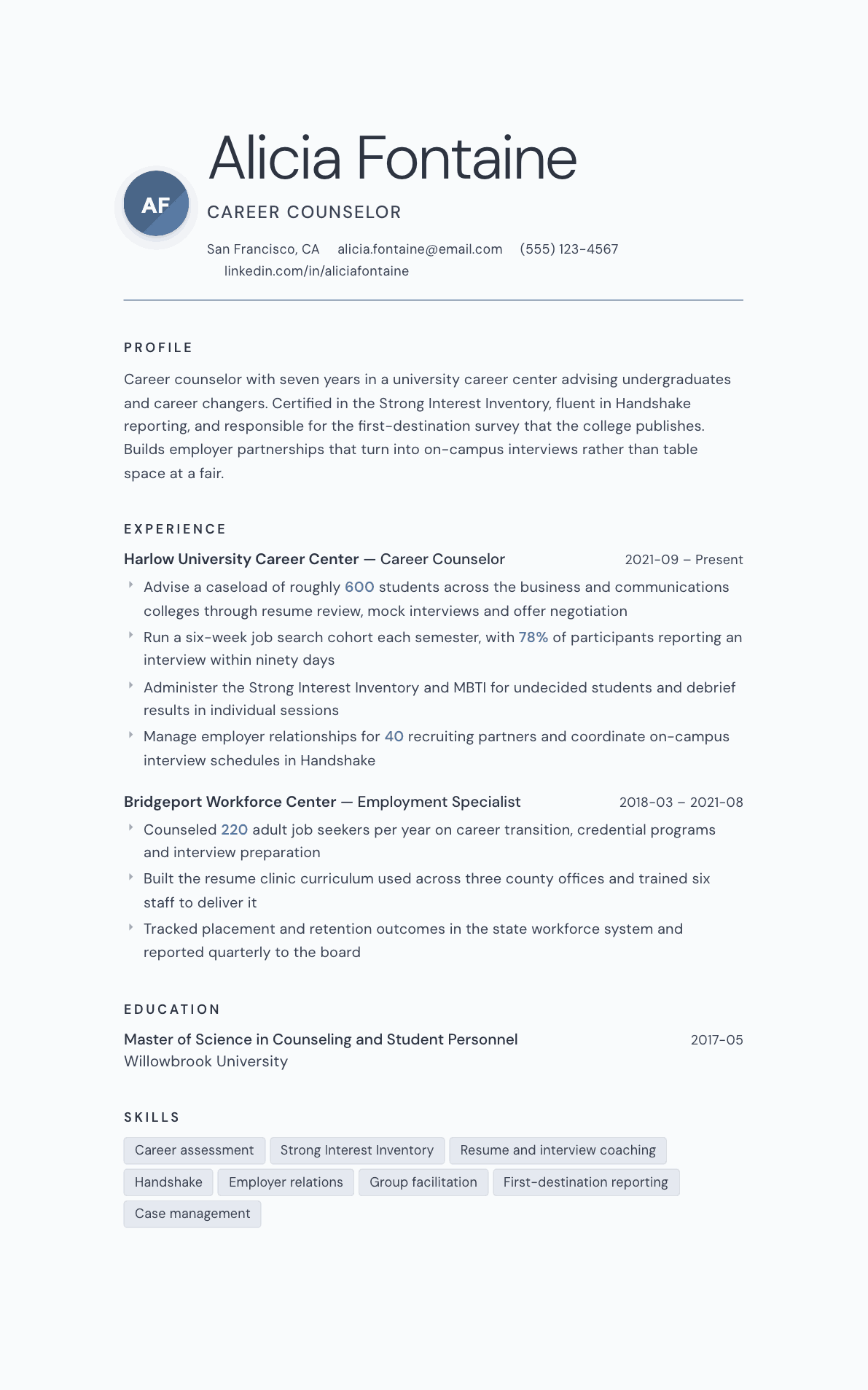 Career Counselor resume example, Nordic template