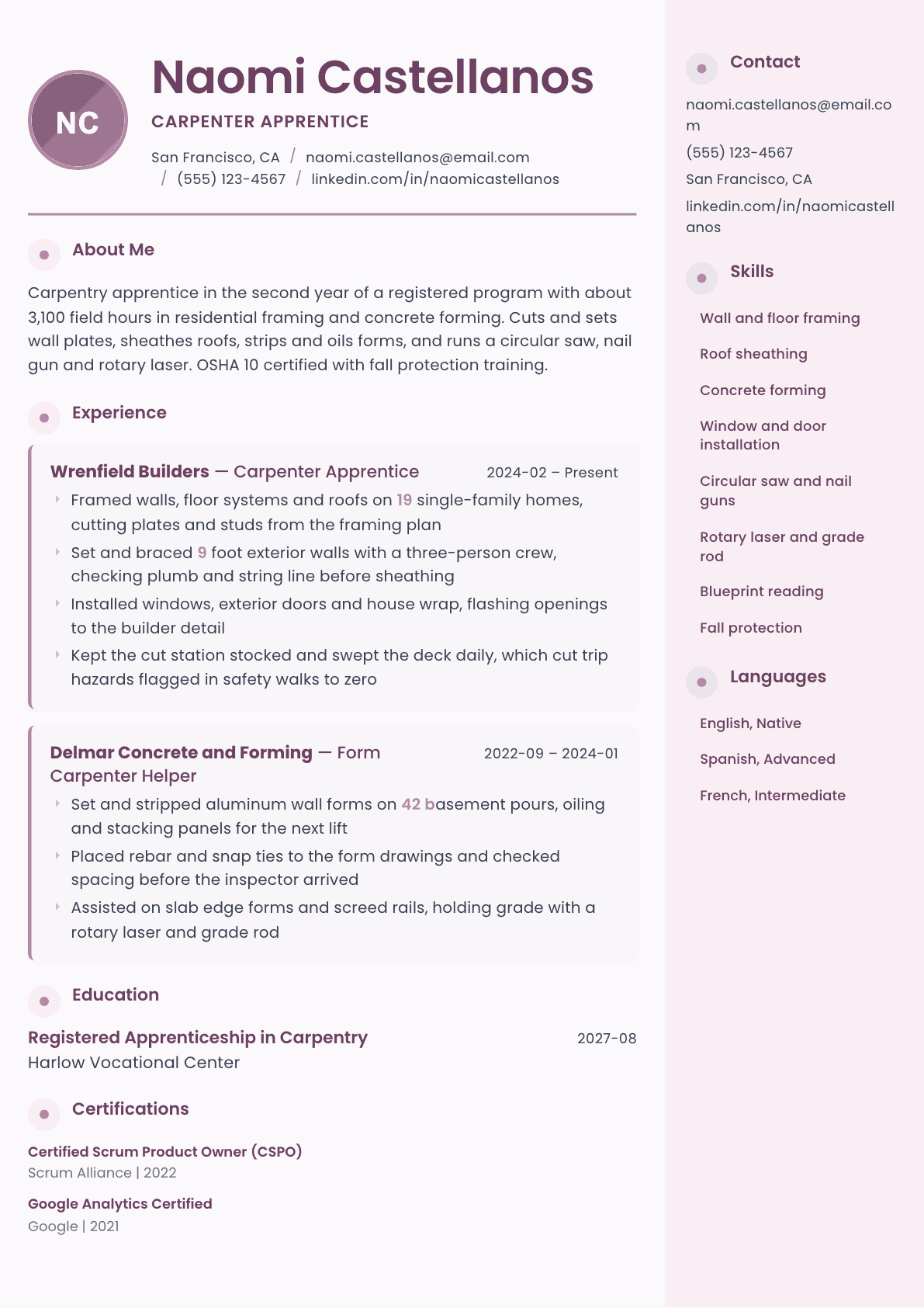 Carpenter Apprentice resume example, Bloom template
