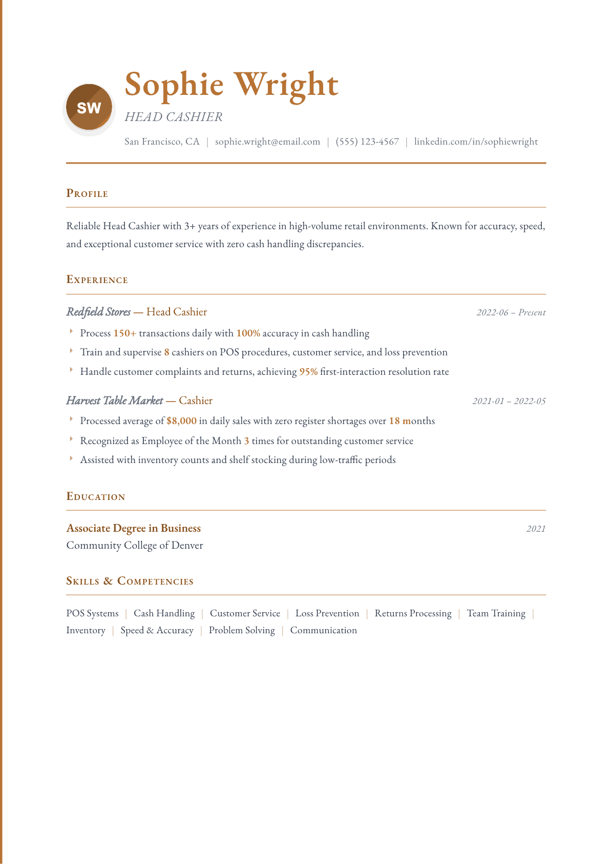 Cashier resume example, Timeless template